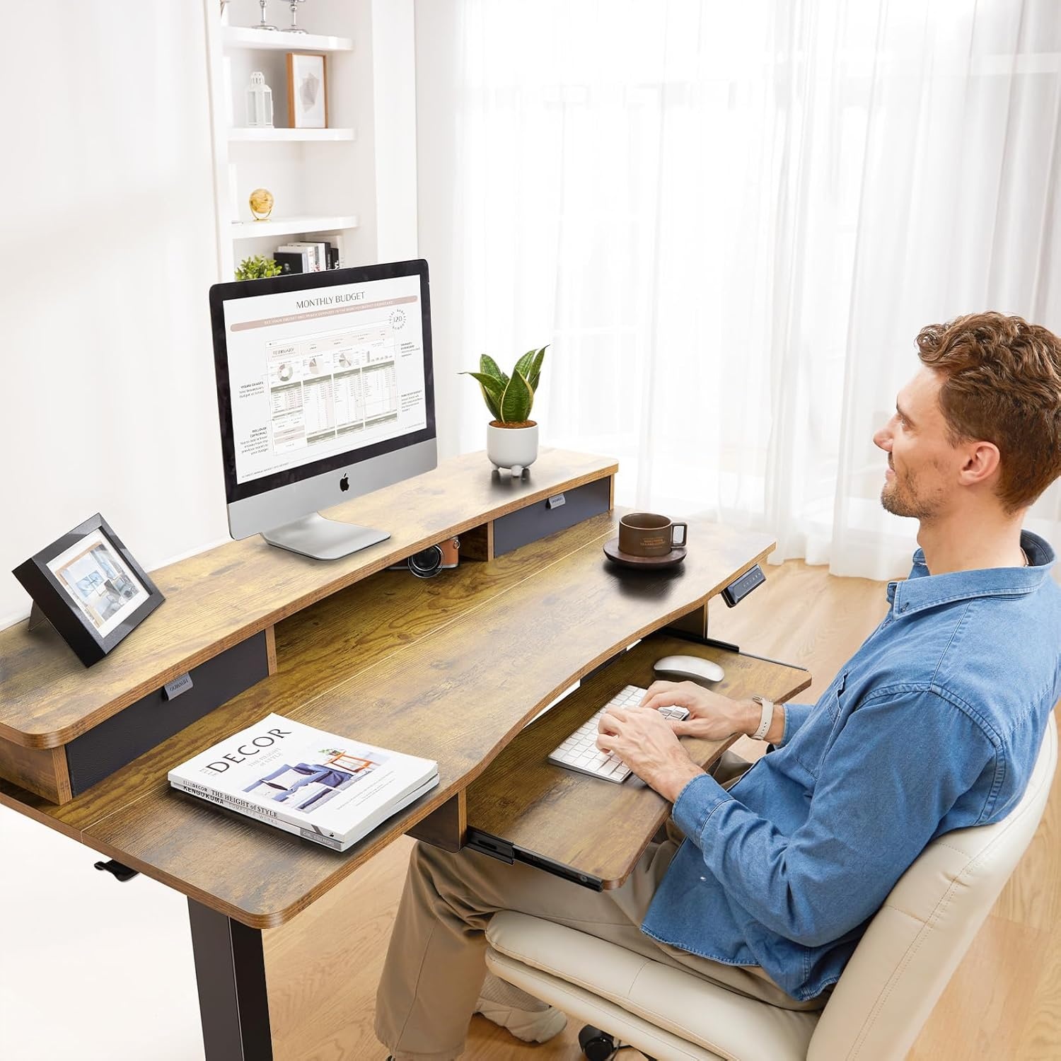 image:imageHUANUO 55 x 26 Electric Standing Desk with 2 Drawers amp 267 Large Keyboard Tray CClamp Mount Compatible Adjustable Computer Desk for Home Office Stand Up Desk with 4 Height Presets VintageVintage Brown