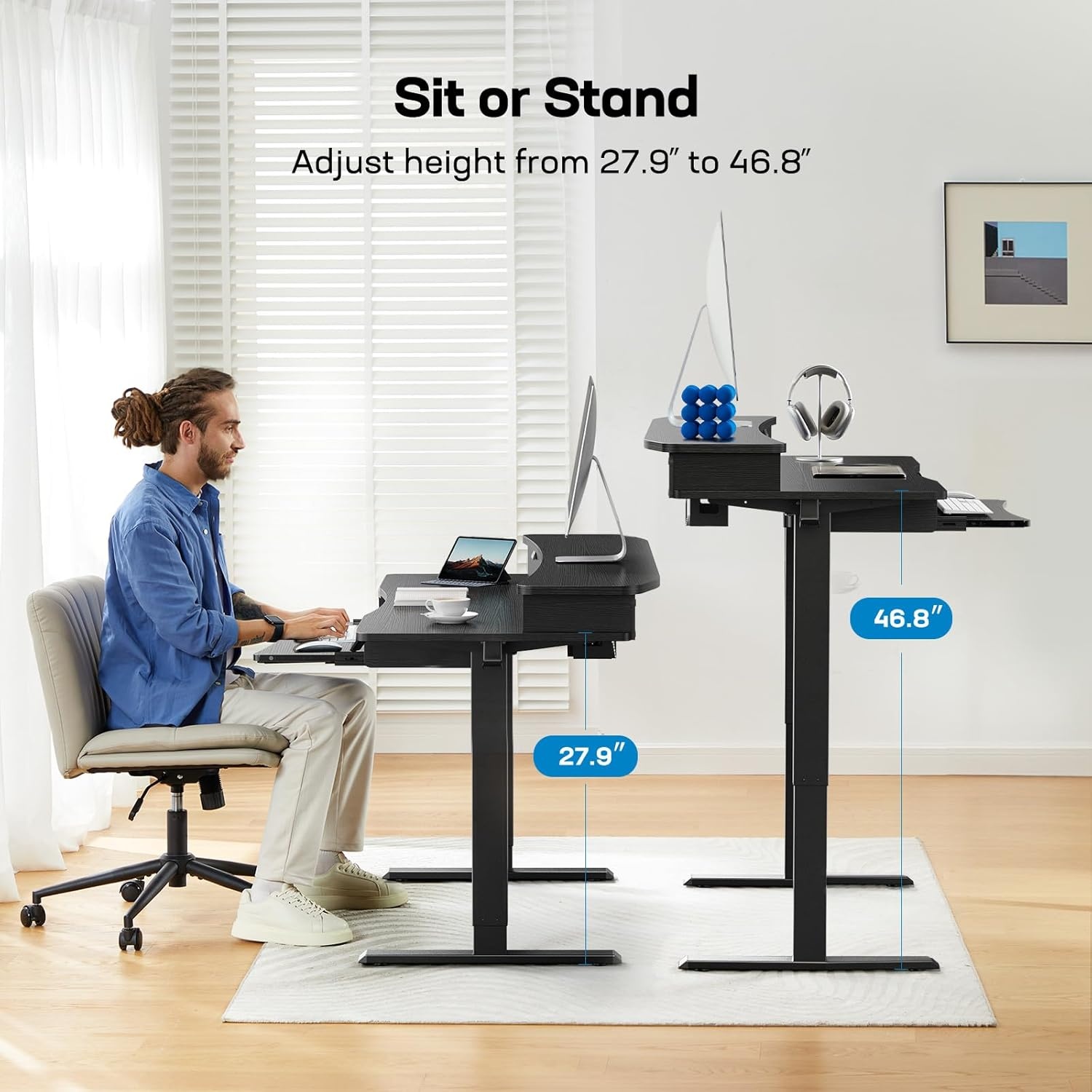 image:imageHUANUO 55 x 26 Electric Standing Desk with 2 Drawers amp 267 Large Keyboard Tray CClamp Mount Compatible Adjustable Computer Desk for Home Office Stand Up Desk with 4 Height Presets VintageBlack