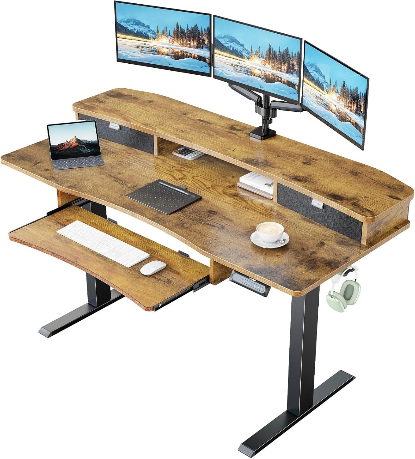 image:imageHUANUO 55 x 26 Electric Standing Desk with 2 Drawers amp 267 Large Keyboard Tray CClamp Mount Compatible Adjustable Computer Desk for Home Office Stand Up Desk with 4 Height Presets VintageVintage Brown