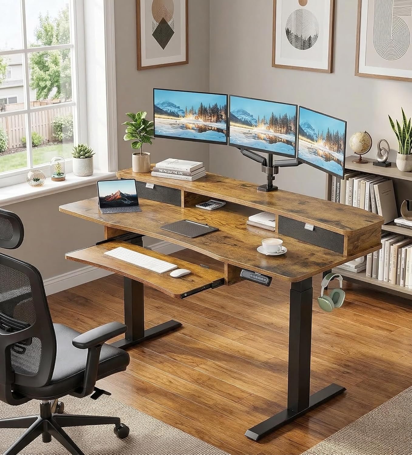 image:imageHUANUO 55 x 26 Electric Standing Desk with 2 Drawers amp 267 Large Keyboard Tray CClamp Mount Compatible Adjustable Computer Desk for Home Office Stand Up Desk with 4 Height Presets VintageVintage Brown