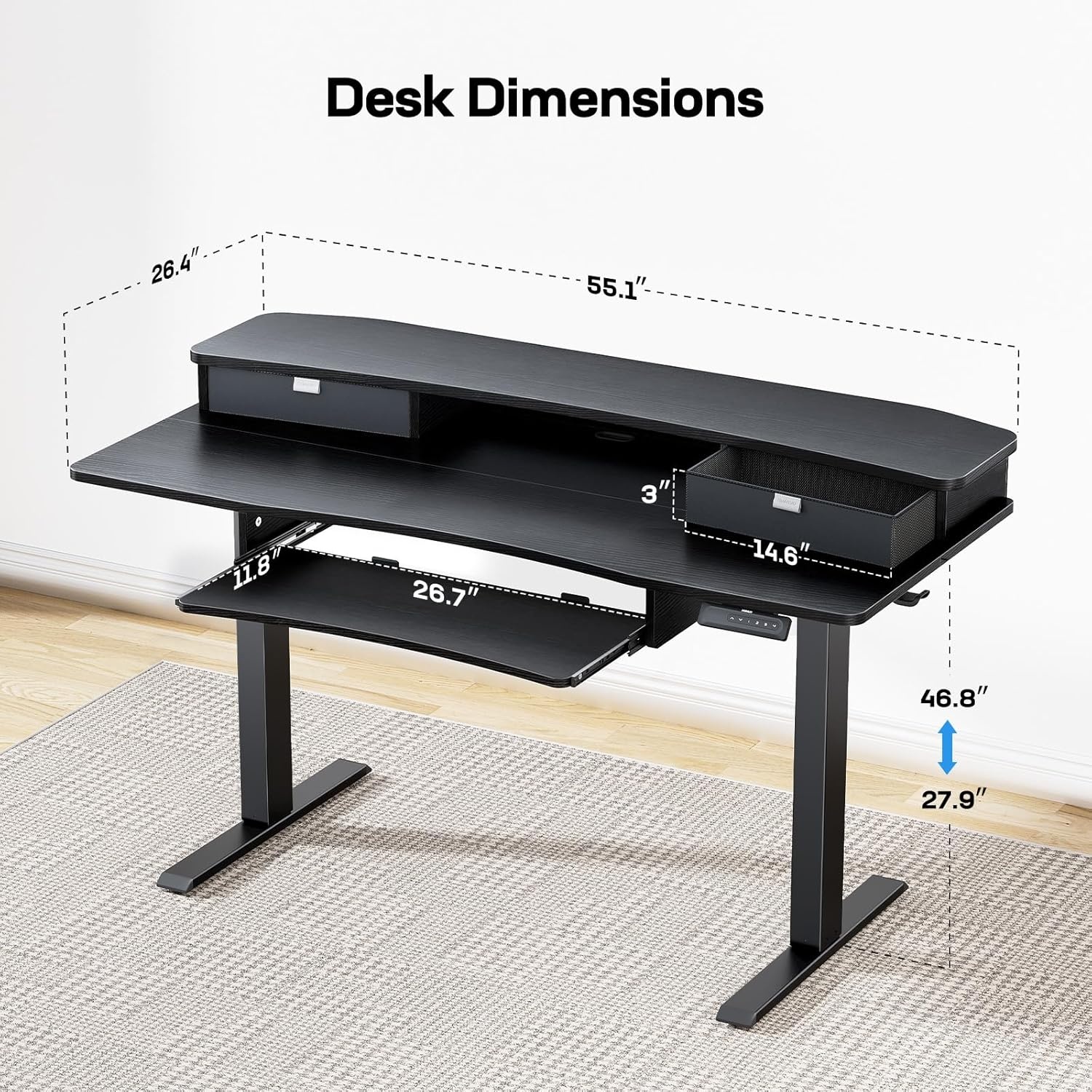 image:imageHUANUO 55 x 26 Electric Standing Desk with 2 Drawers amp 267 Large Keyboard Tray CClamp Mount Compatible Adjustable Computer Desk for Home Office Stand Up Desk with 4 Height Presets VintageBlack