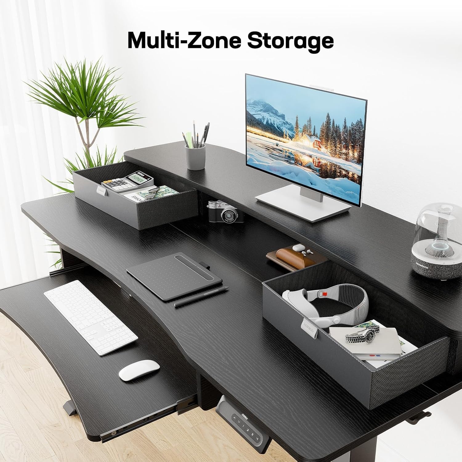 image:imageHUANUO 55 x 26 Electric Standing Desk with 2 Drawers amp 267 Large Keyboard Tray CClamp Mount Compatible Adjustable Computer Desk for Home Office Stand Up Desk with 4 Height Presets VintageBlack