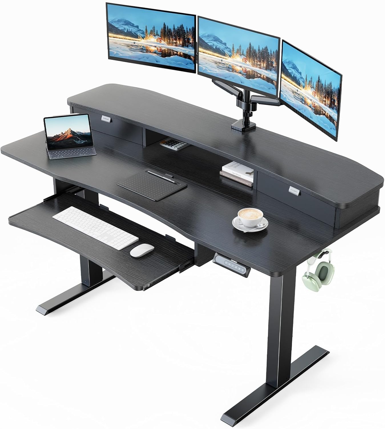 image:imageHUANUO 55 x 26 Electric Standing Desk with 2 Drawers amp 267 Large Keyboard Tray CClamp Mount Compatible Adjustable Computer Desk for Home Office Stand Up Desk with 4 Height Presets VintageBlack