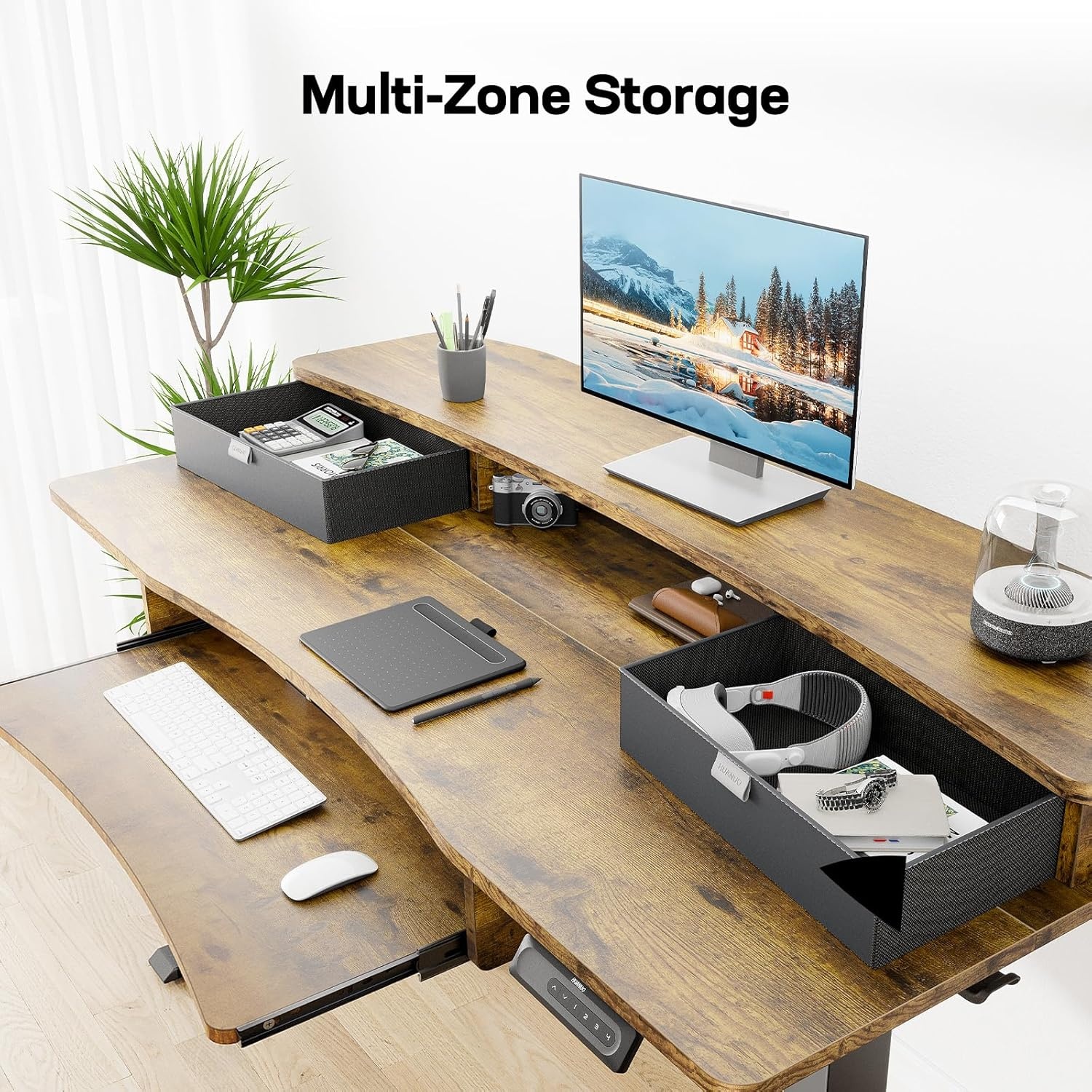image:imageHUANUO 55 x 26 Electric Standing Desk with 2 Drawers amp 267 Large Keyboard Tray CClamp Mount Compatible Adjustable Computer Desk for Home Office Stand Up Desk with 4 Height Presets VintageVintage Brown