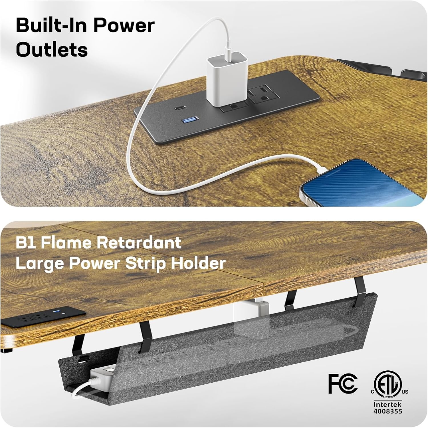 image:imageHUANUO 63 LShaped Standing Desk Builtin Power Outlets Electric Height Adjustable Corner Computer Desk Large Power Strip Holder Sit Stand Up Desk with 3 Preset Heights BlackVintage Brown