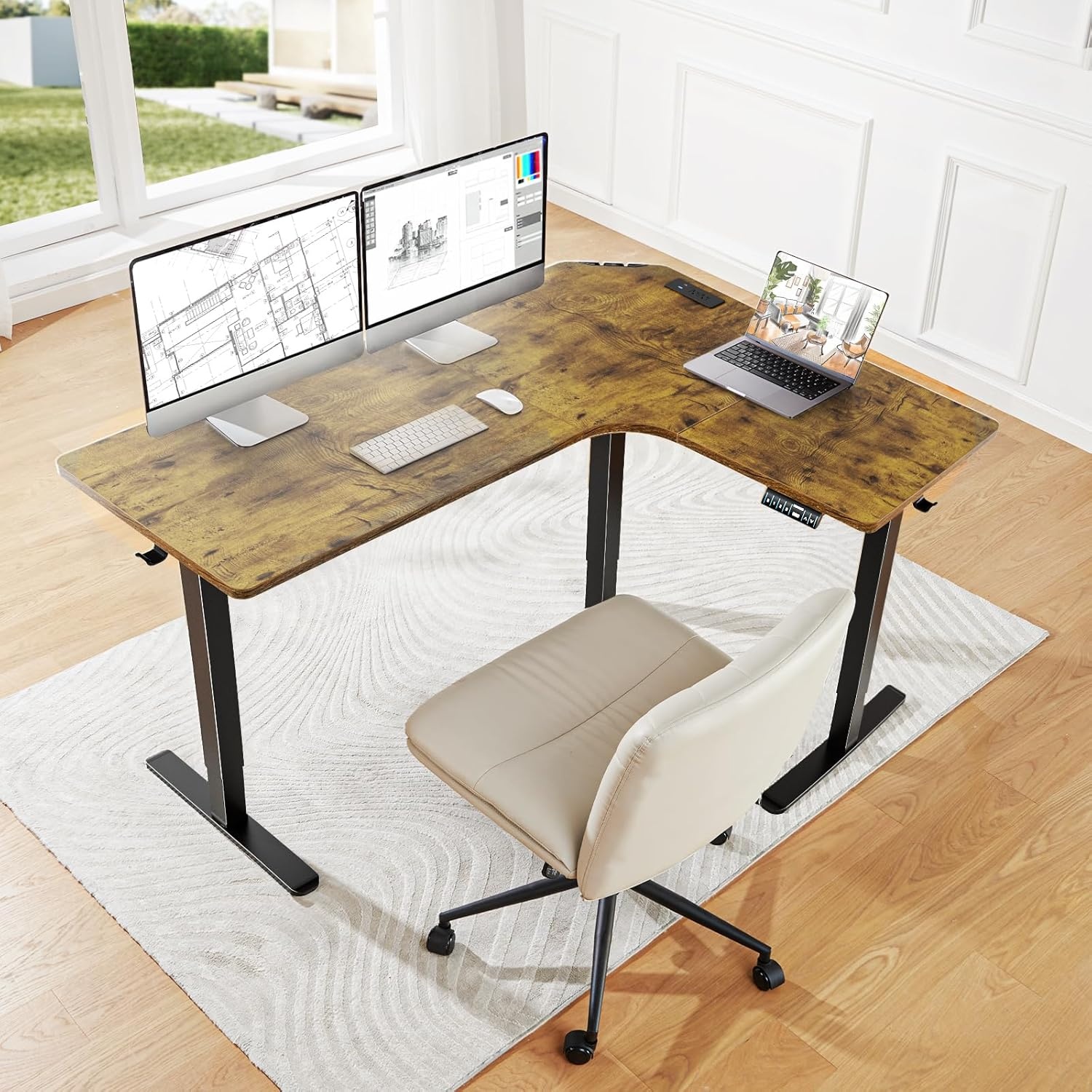 image:imageHUANUO 63 LShaped Standing Desk Builtin Power Outlets Electric Height Adjustable Corner Computer Desk Large Power Strip Holder Sit Stand Up Desk with 3 Preset Heights BlackVintage Brown