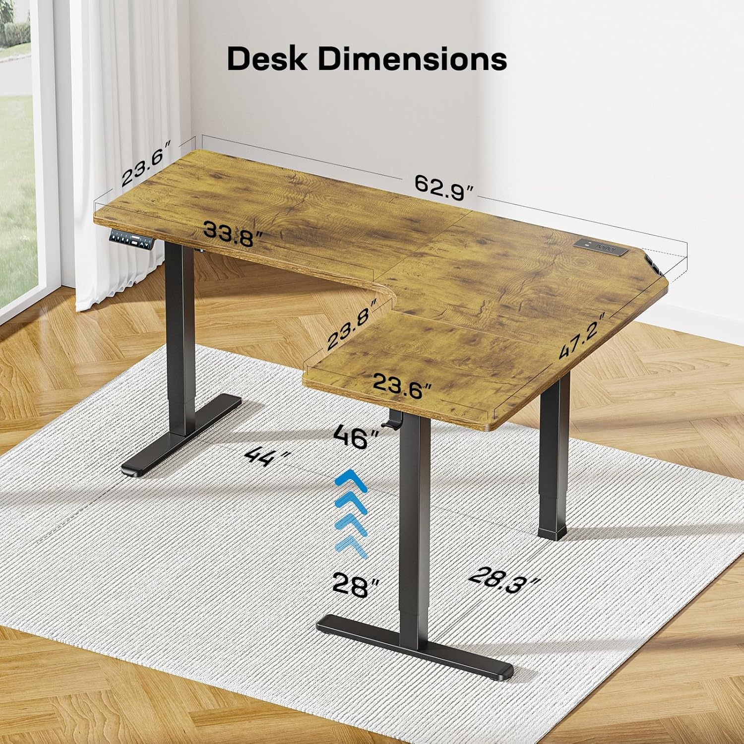 image:imageHUANUO 63 LShaped Standing Desk Builtin Power Outlets Electric Height Adjustable Corner Computer Desk Large Power Strip Holder Sit Stand Up Desk with 3 Preset Heights BlackVintage Brown