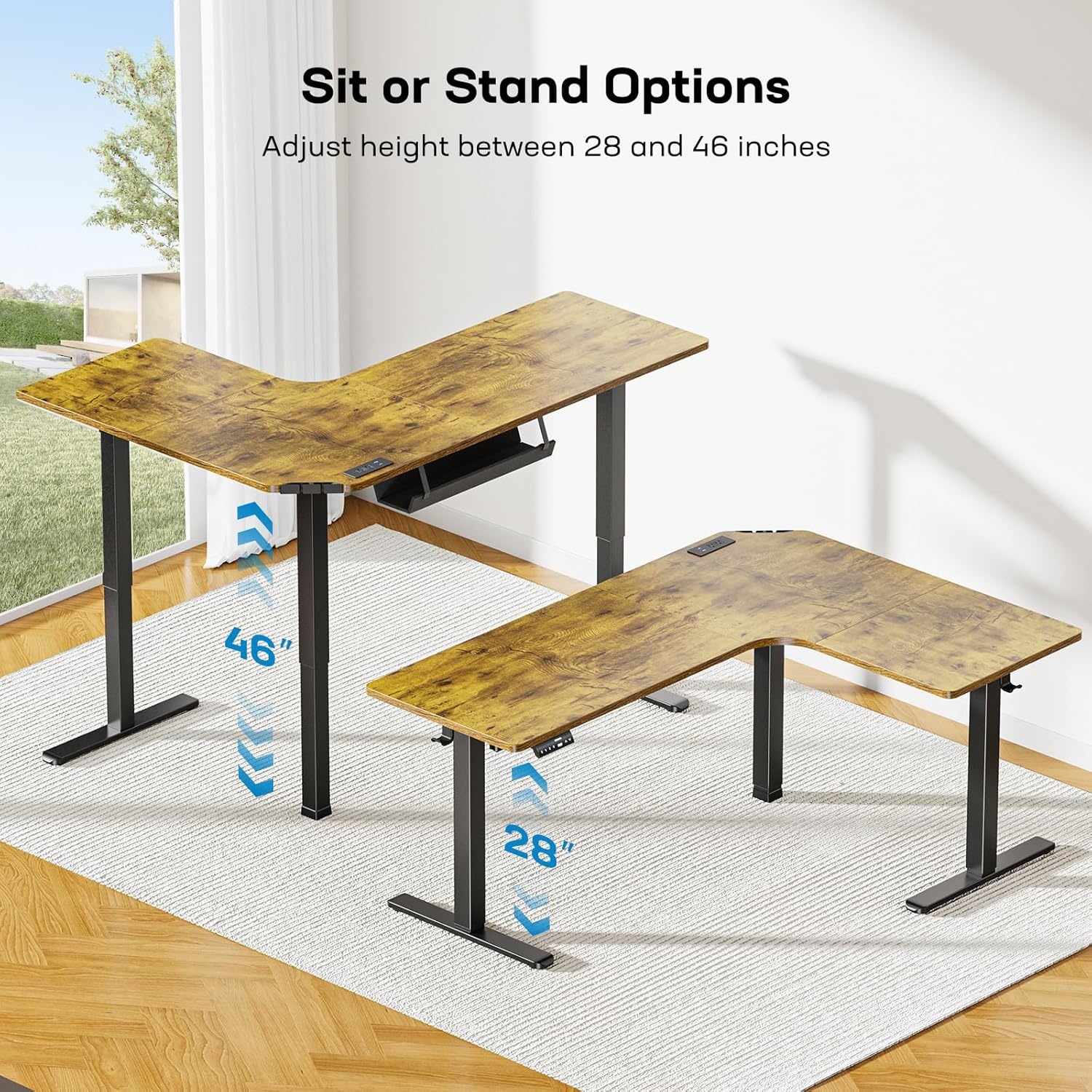 image:imageHUANUO 63 LShaped Standing Desk Builtin Power Outlets Electric Height Adjustable Corner Computer Desk Large Power Strip Holder Sit Stand Up Desk with 3 Preset Heights BlackVintage Brown