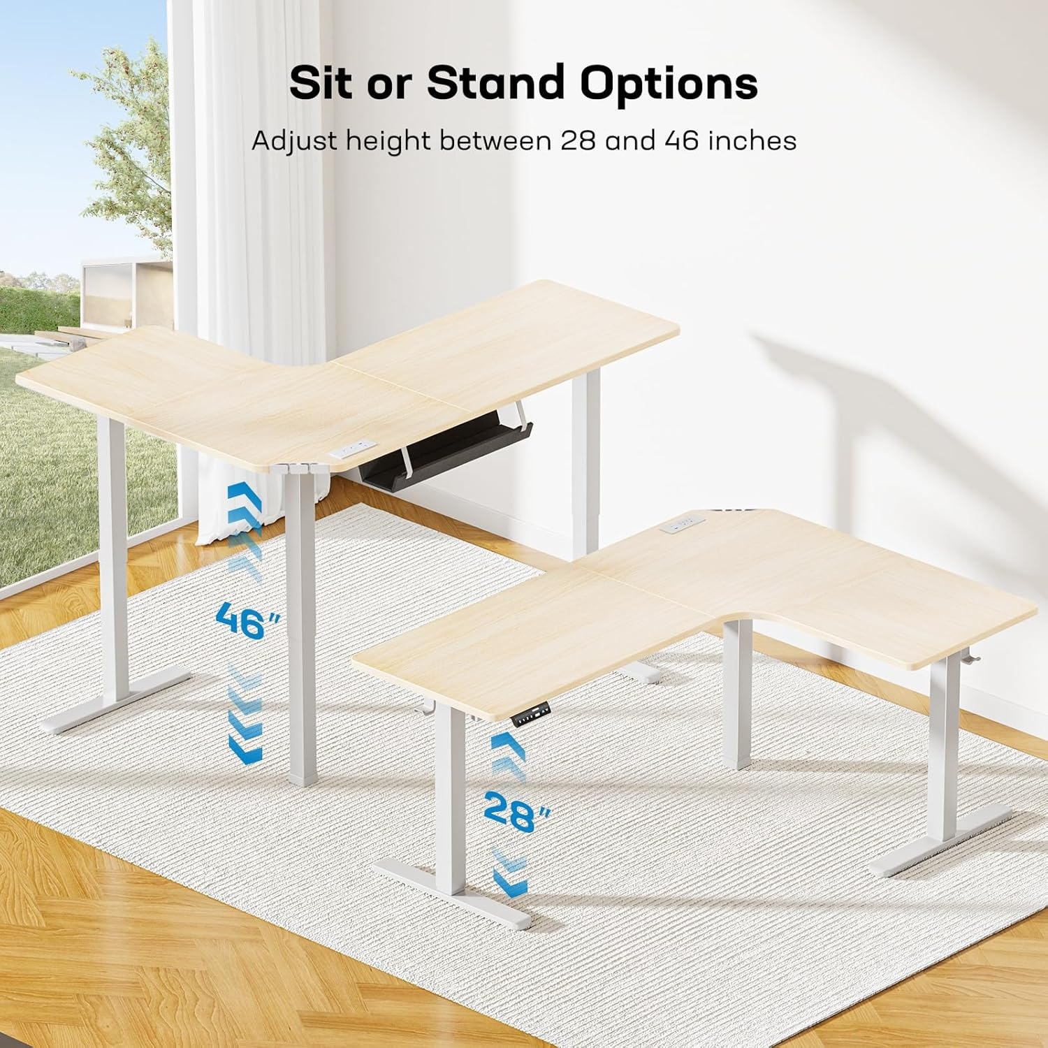 image:imageHUANUO 63 LShaped Standing Desk Builtin Power Outlets Electric Height Adjustable Corner Computer Desk Large Power Strip Holder Sit Stand Up Desk with 3 Preset Heights BlackNatural Wood