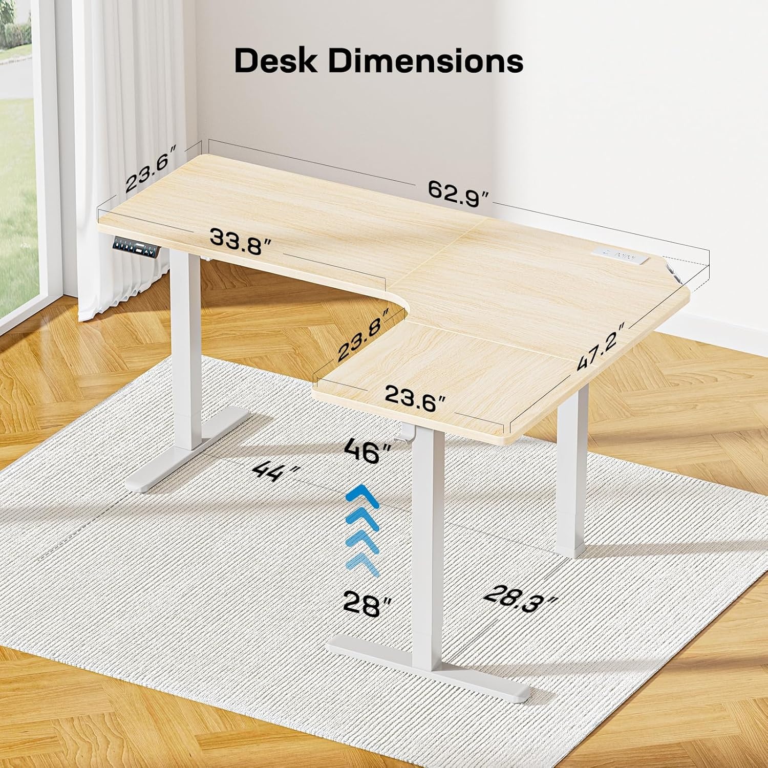 image:imageHUANUO 63 LShaped Standing Desk Builtin Power Outlets Electric Height Adjustable Corner Computer Desk Large Power Strip Holder Sit Stand Up Desk with 3 Preset Heights BlackNatural Wood