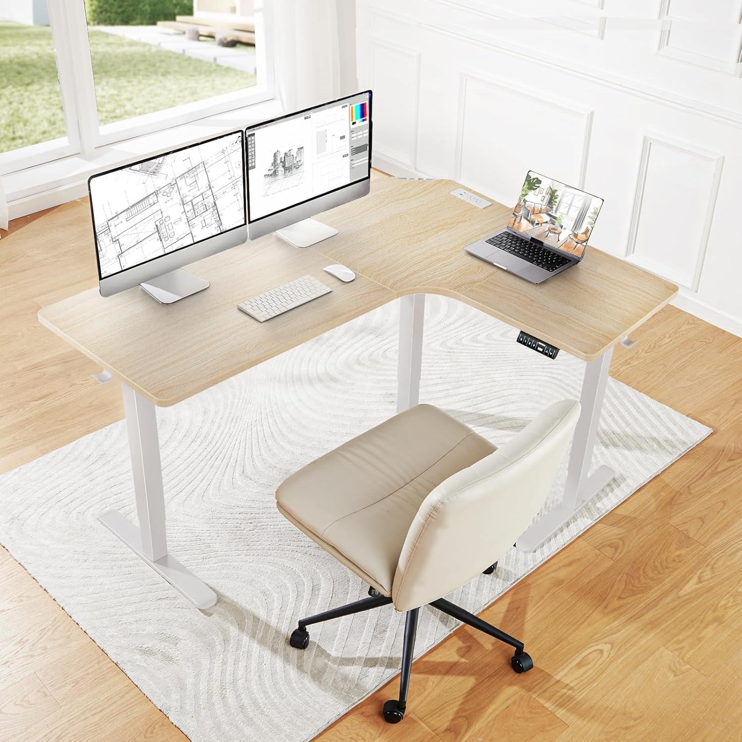 image:imageHUANUO 63 LShaped Standing Desk Builtin Power Outlets Electric Height Adjustable Corner Computer Desk Large Power Strip Holder Sit Stand Up Desk with 3 Preset Heights BlackNatural Wood