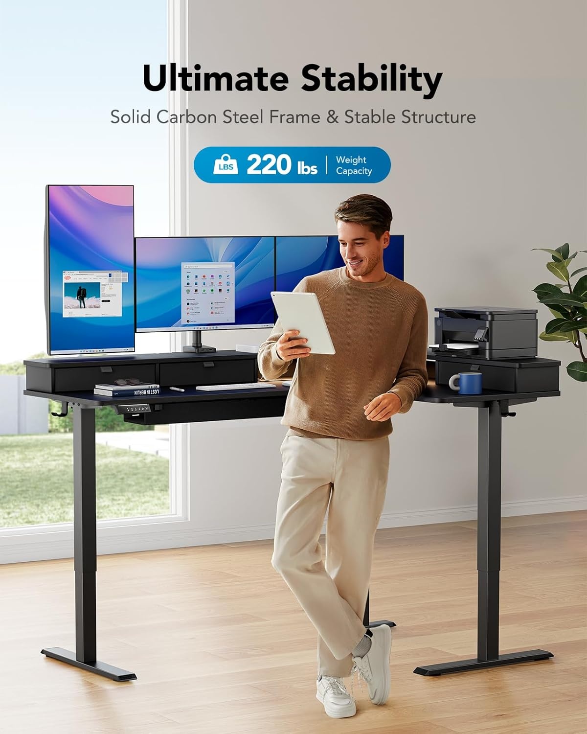 image:imageHUANUO 65 LShaped Standing Desk with Power Outlets amp LED Strip Electric Height Adjustable Corner Computer Desk Sit Stand Up Desk with 3 Drawers BlackBlack