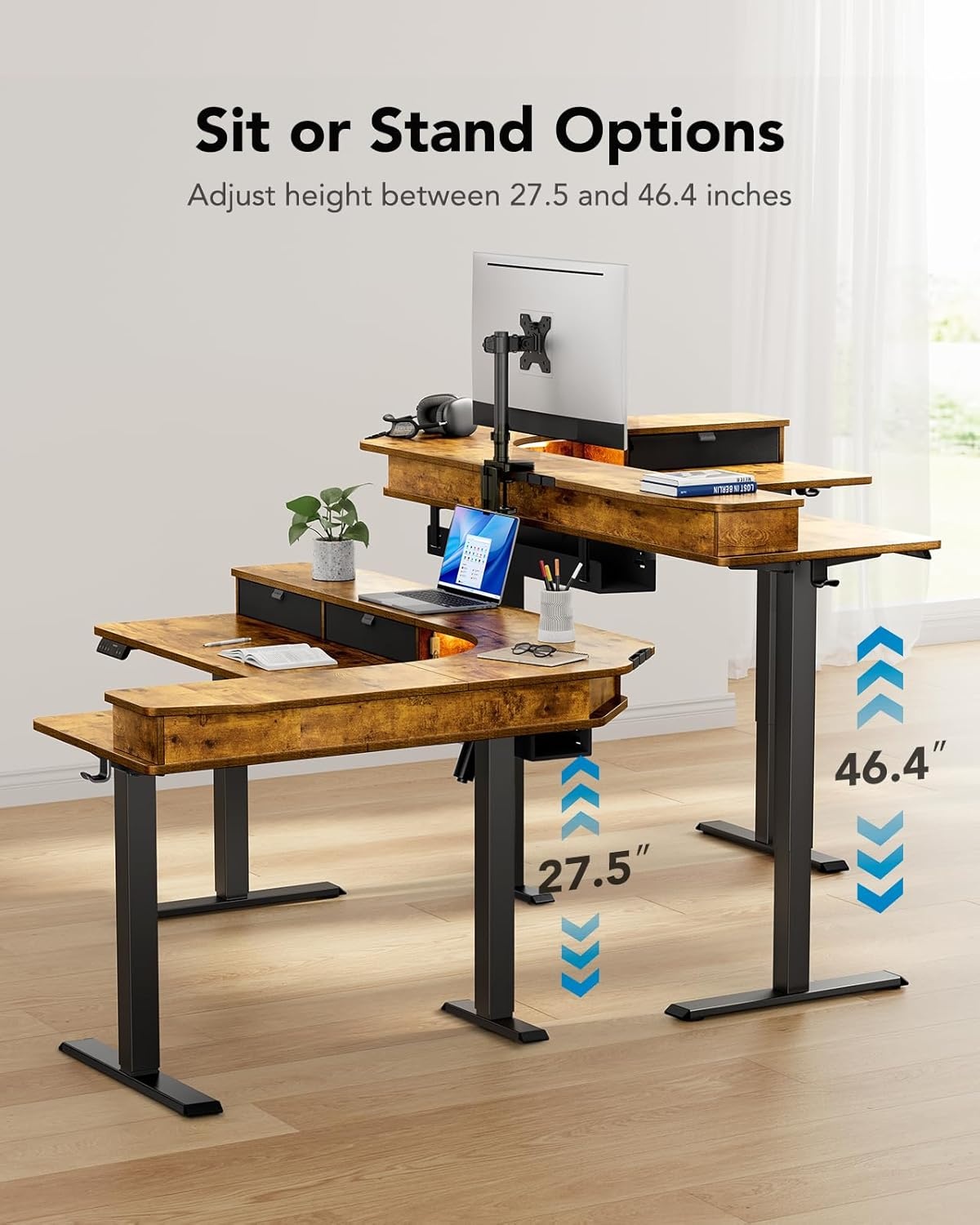 image:imageHUANUO 65 LShaped Standing Desk with Power Outlets amp LED Strip Electric Height Adjustable Corner Computer Desk Sit Stand Up Desk with 3 Drawers BlackVintage Brown