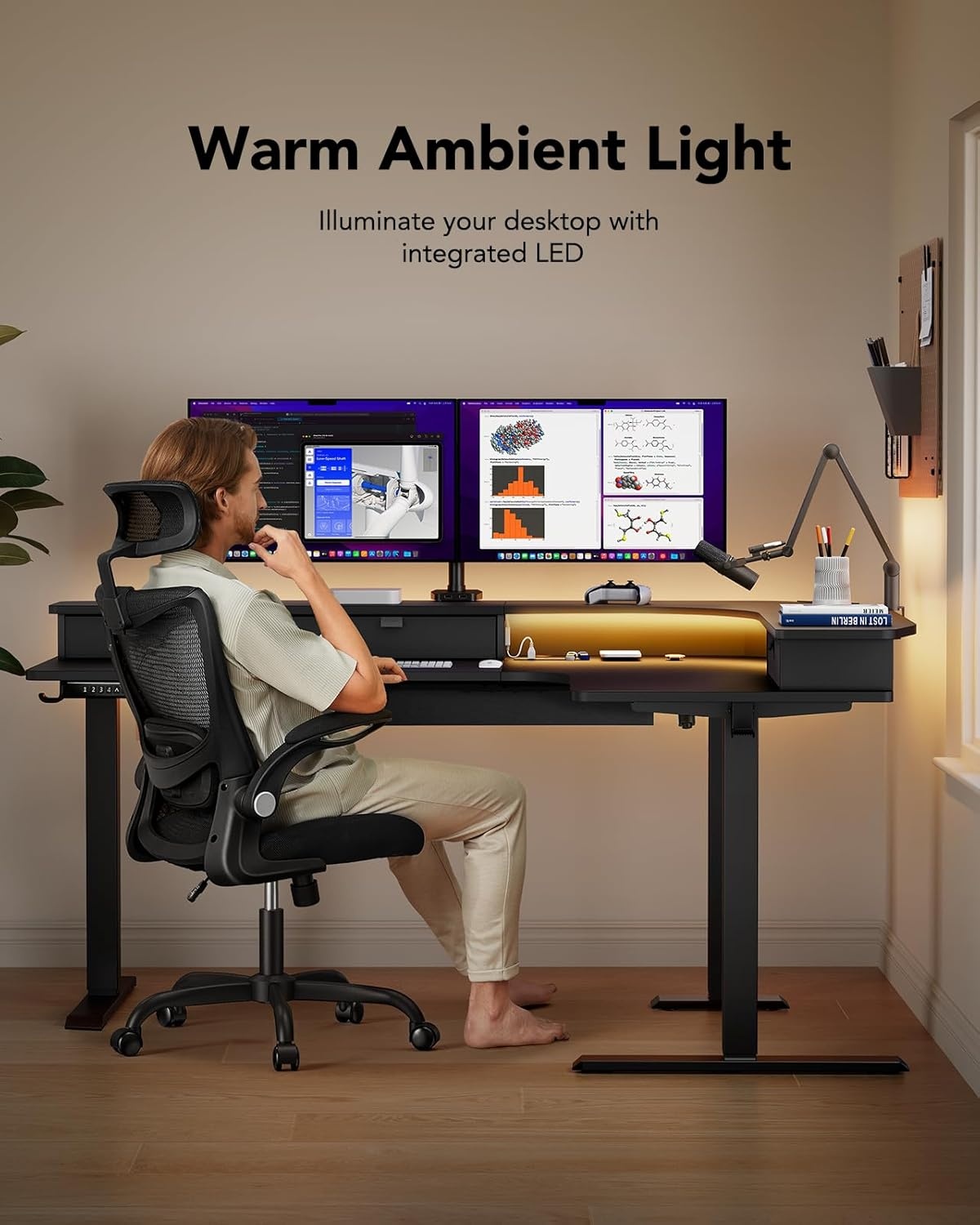image:imageHUANUO 65 LShaped Standing Desk with Power Outlets amp LED Strip Electric Height Adjustable Corner Computer Desk Sit Stand Up Desk with 3 Drawers BlackBlack
