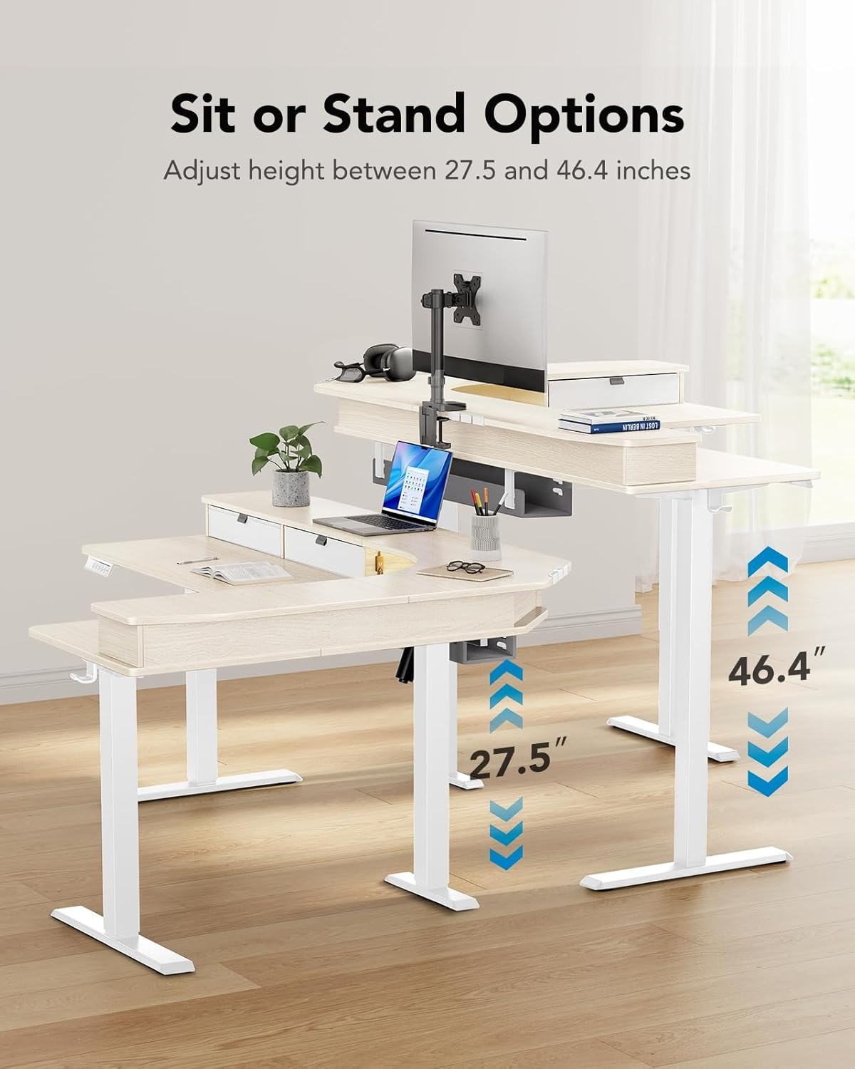 image:imageHUANUO 65 LShaped Standing Desk with Power Outlets amp LED Strip Electric Height Adjustable Corner Computer Desk Sit Stand Up Desk with 3 Drawers BlackNatural Wood