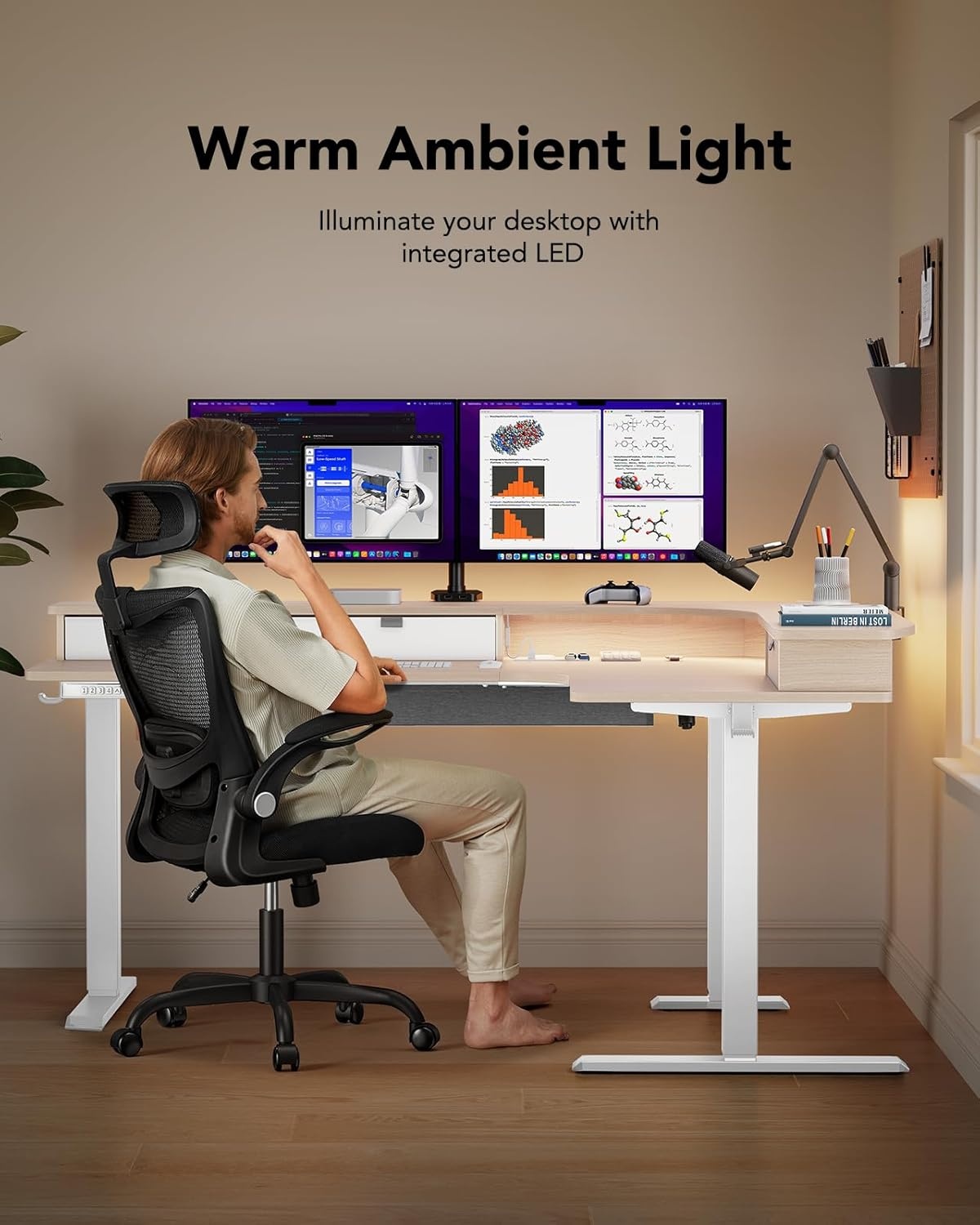 image:imageHUANUO 65 LShaped Standing Desk with Power Outlets amp LED Strip Electric Height Adjustable Corner Computer Desk Sit Stand Up Desk with 3 Drawers BlackNatural Wood