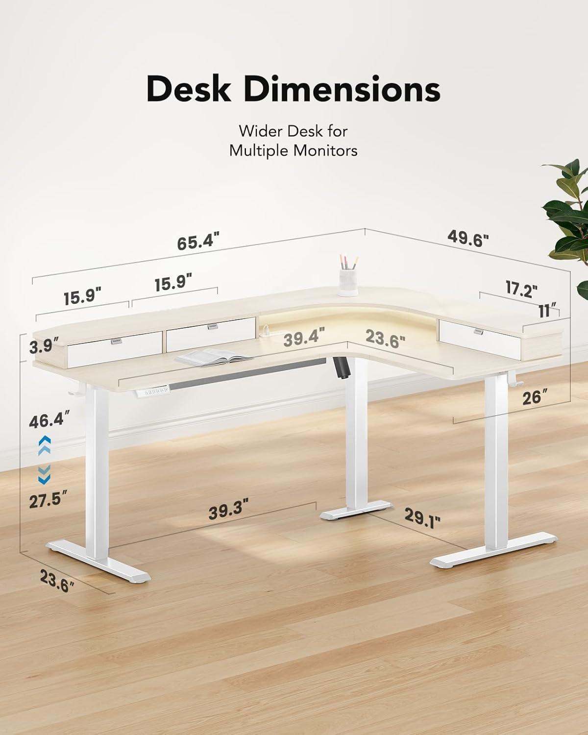 image:imageHUANUO 65 LShaped Standing Desk with Power Outlets amp LED Strip Electric Height Adjustable Corner Computer Desk Sit Stand Up Desk with 3 Drawers BlackNatural Wood