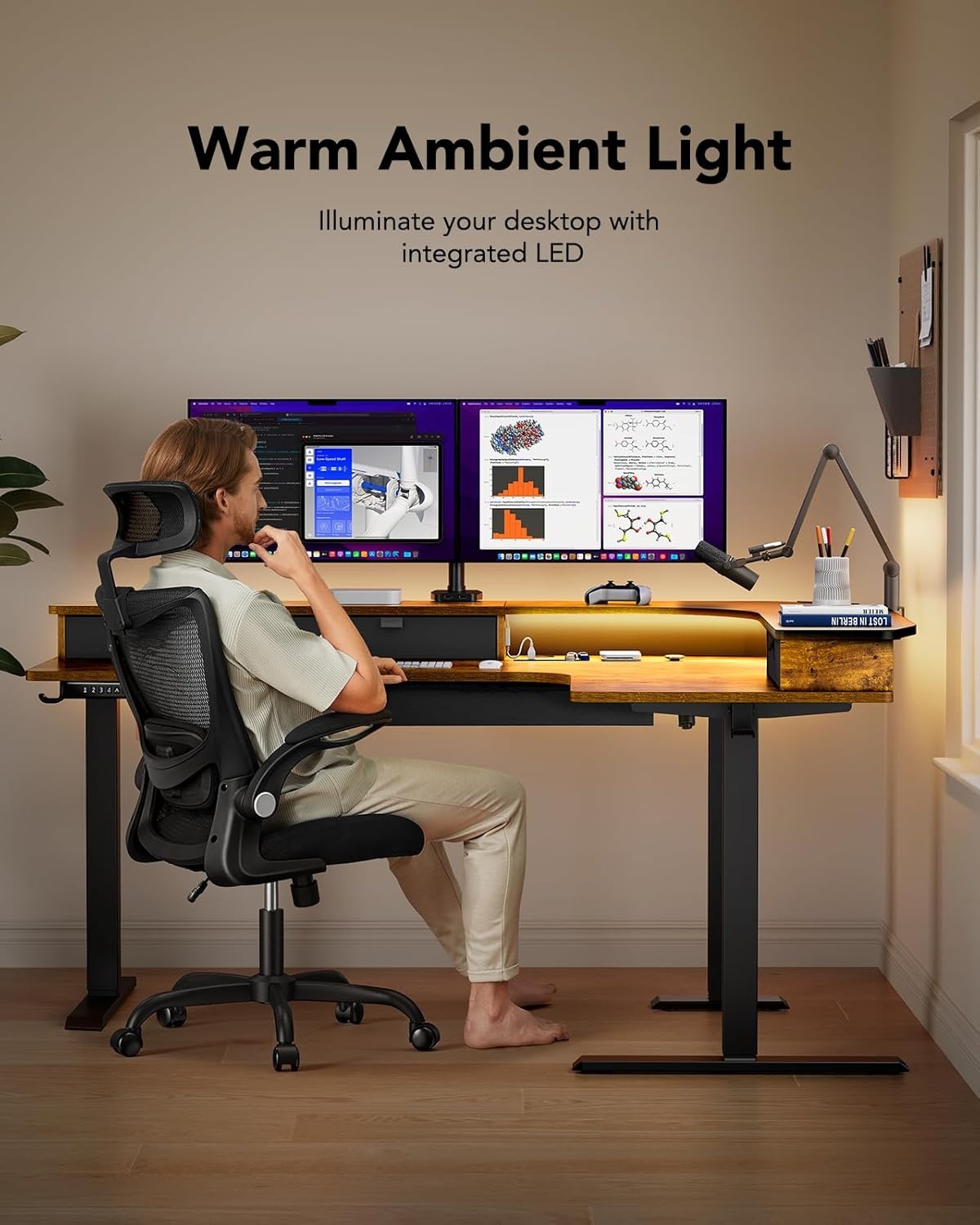 image:imageHUANUO 65 LShaped Standing Desk with Power Outlets amp LED Strip Electric Height Adjustable Corner Computer Desk Sit Stand Up Desk with 3 Drawers BlackVintage Brown