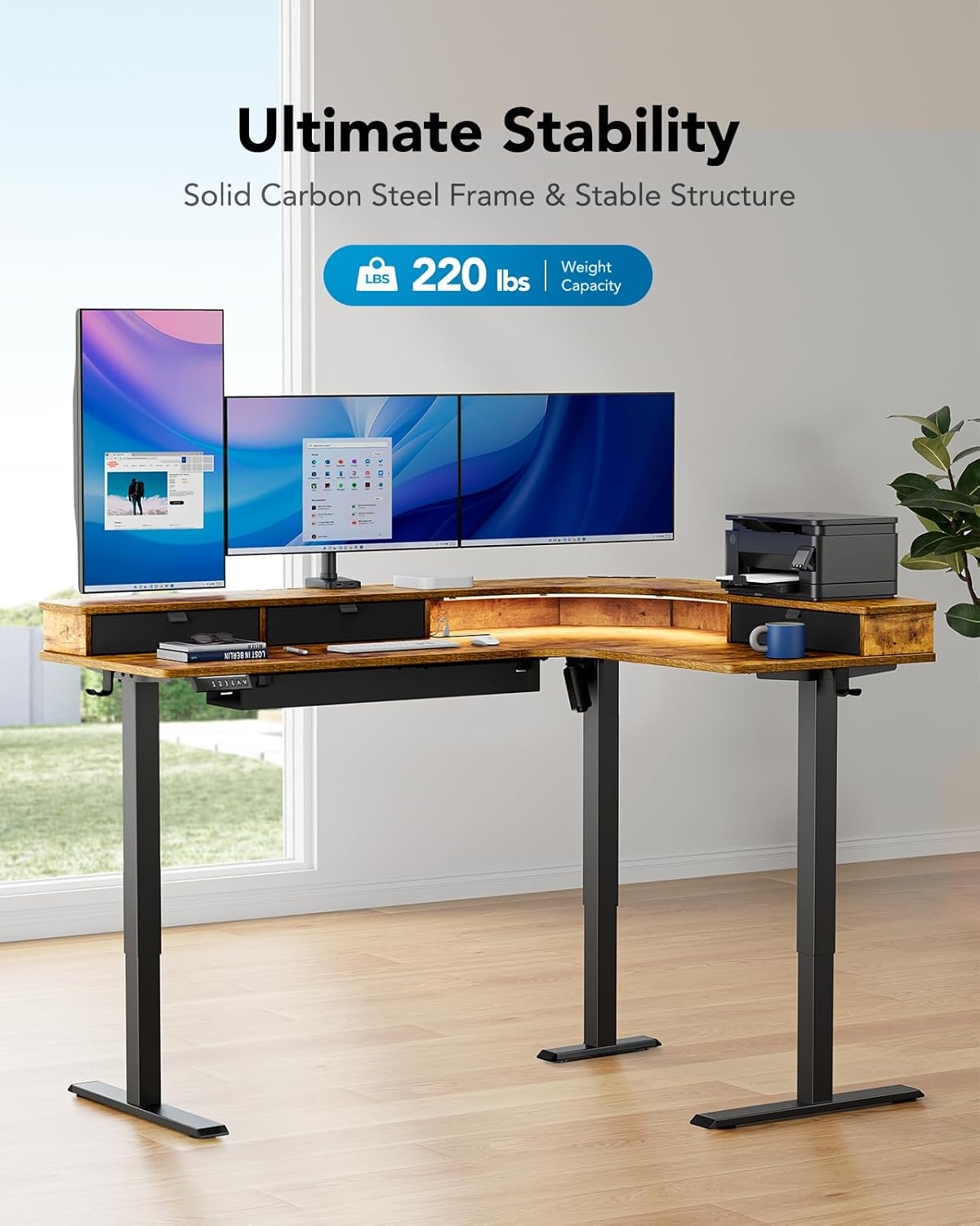 image:imageHUANUO 65 LShaped Standing Desk with Power Outlets amp LED Strip Electric Height Adjustable Corner Computer Desk Sit Stand Up Desk with 3 Drawers BlackVintage Brown