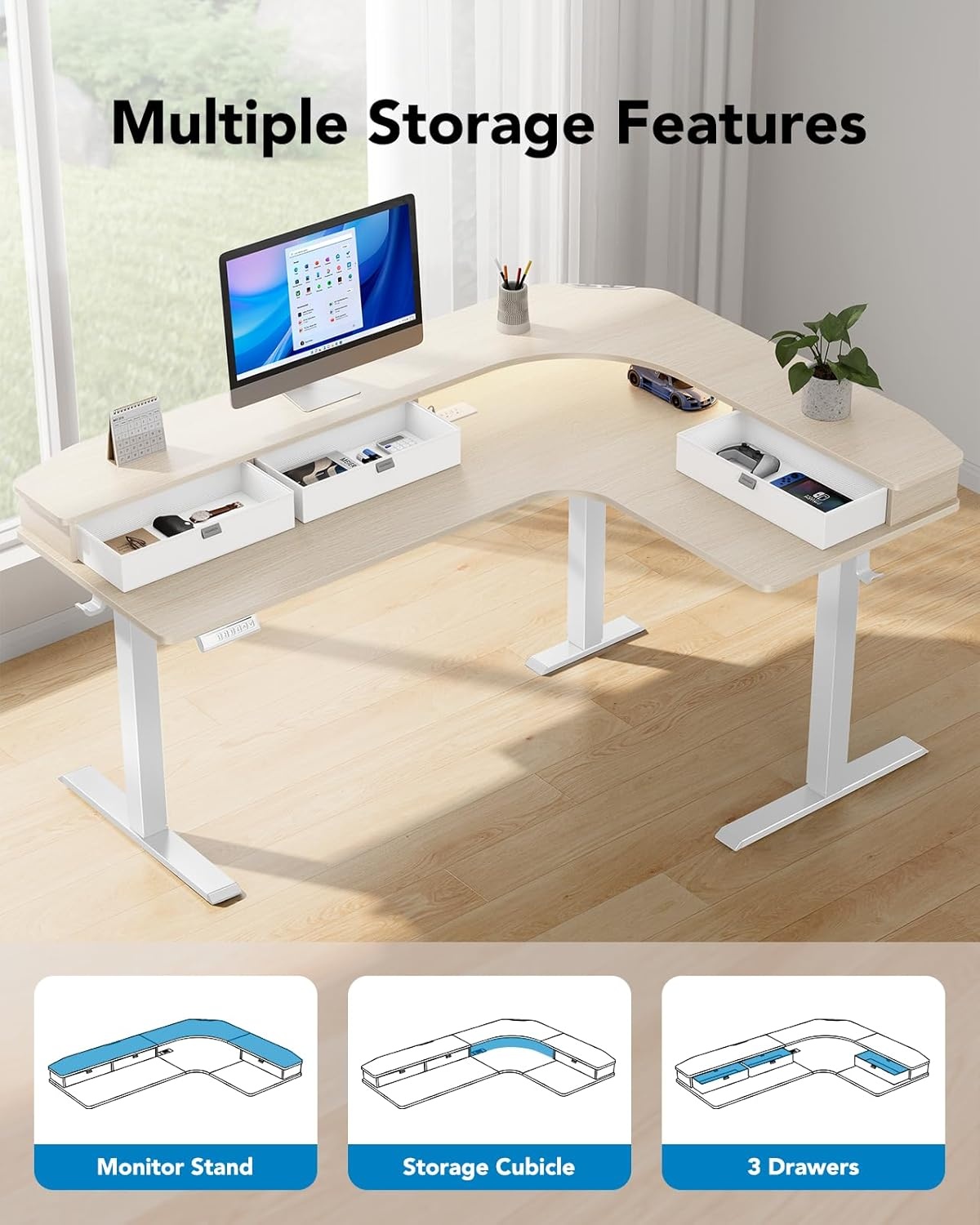 image:imageHUANUO 65 LShaped Standing Desk with Power Outlets amp LED Strip Electric Height Adjustable Corner Computer Desk Sit Stand Up Desk with 3 Drawers BlackNatural Wood