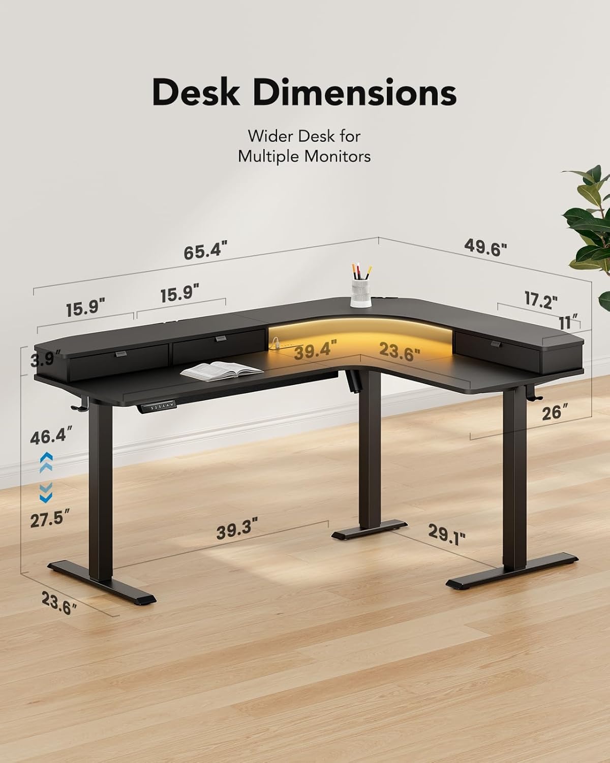 image:imageHUANUO 65 LShaped Standing Desk with Power Outlets amp LED Strip Electric Height Adjustable Corner Computer Desk Sit Stand Up Desk with 3 Drawers BlackBlack