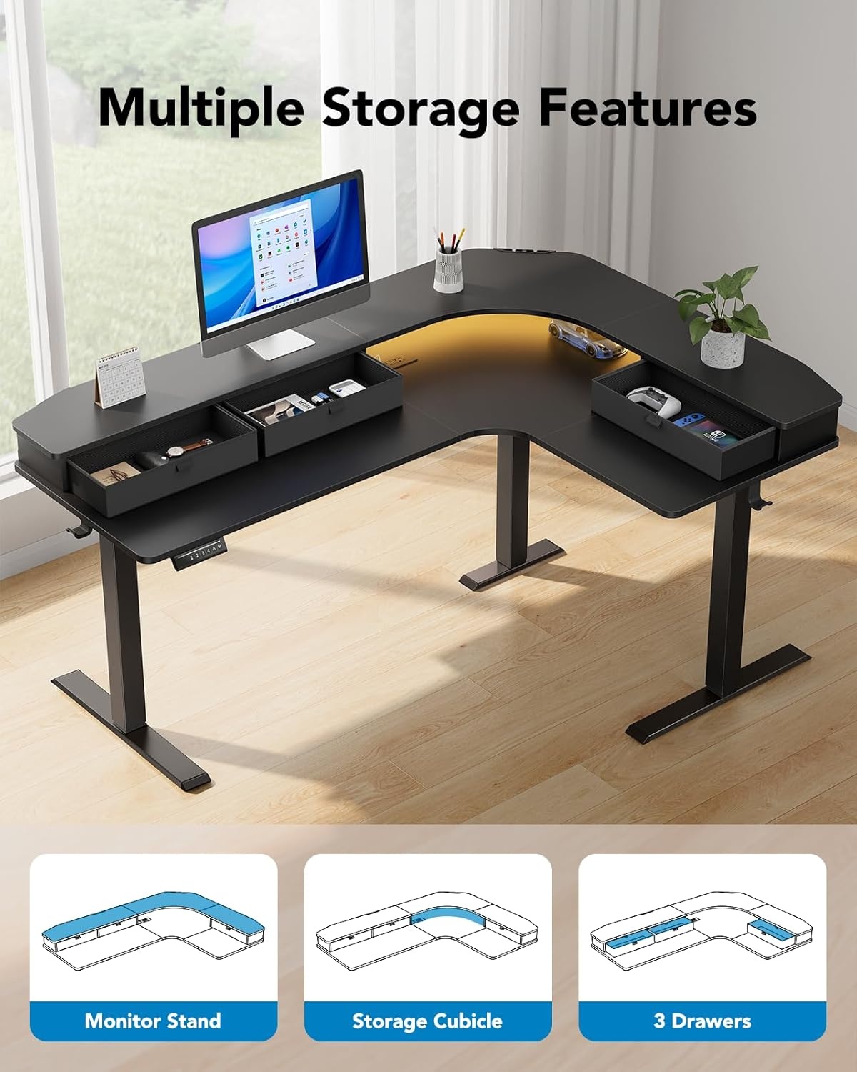 image:imageHUANUO 65 LShaped Standing Desk with Power Outlets amp LED Strip Electric Height Adjustable Corner Computer Desk Sit Stand Up Desk with 3 Drawers BlackBlack