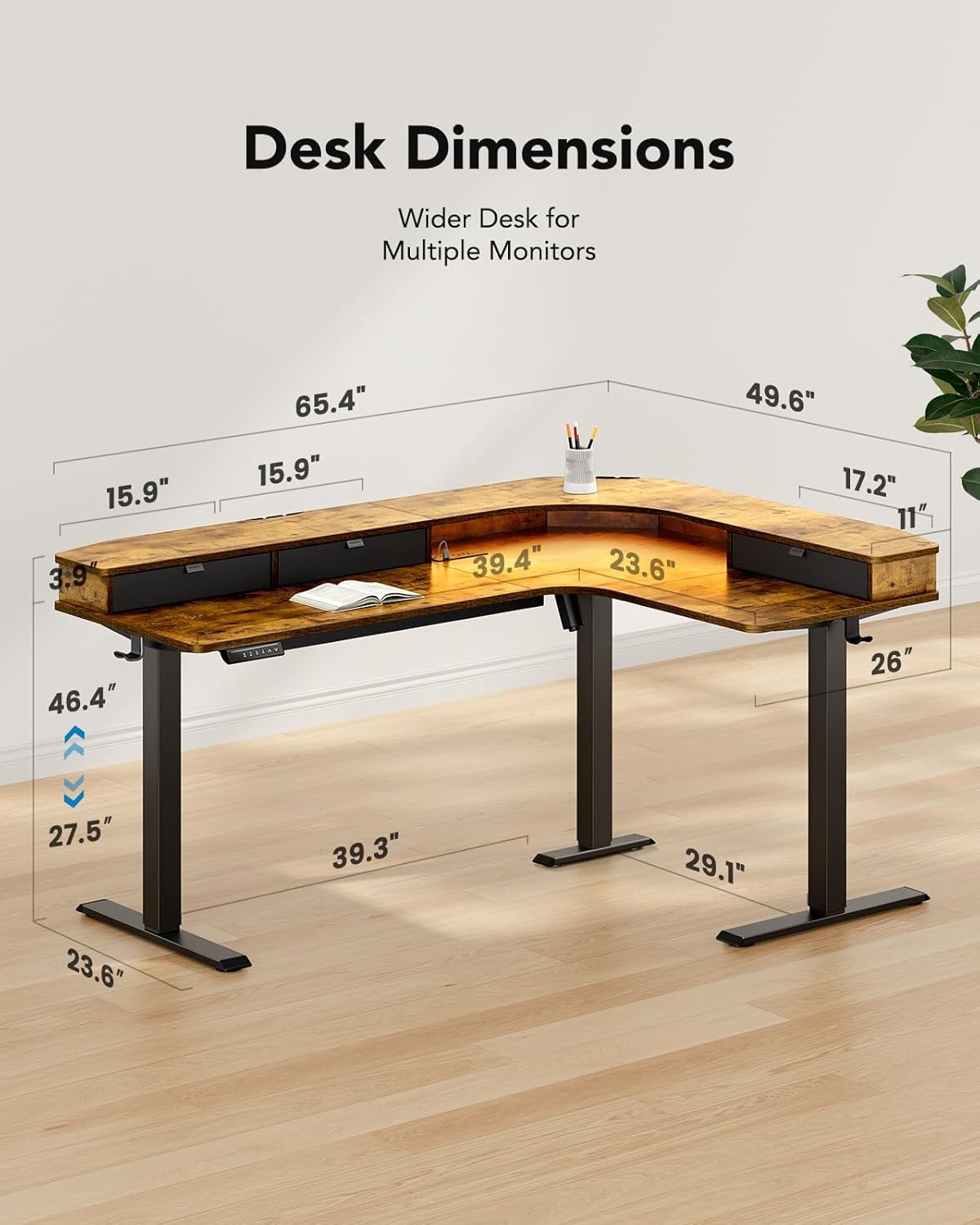 image:imageHUANUO 65 LShaped Standing Desk with Power Outlets amp LED Strip Electric Height Adjustable Corner Computer Desk Sit Stand Up Desk with 3 Drawers BlackVintage Brown