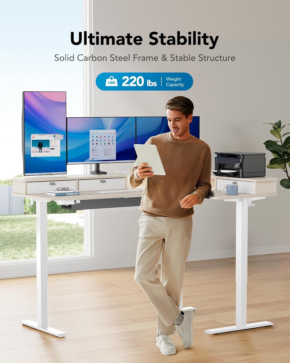 image:imageHUANUO 65 LShaped Standing Desk with Power Outlets amp LED Strip Electric Height Adjustable Corner Computer Desk Sit Stand Up Desk with 3 Drawers BlackNatural Wood