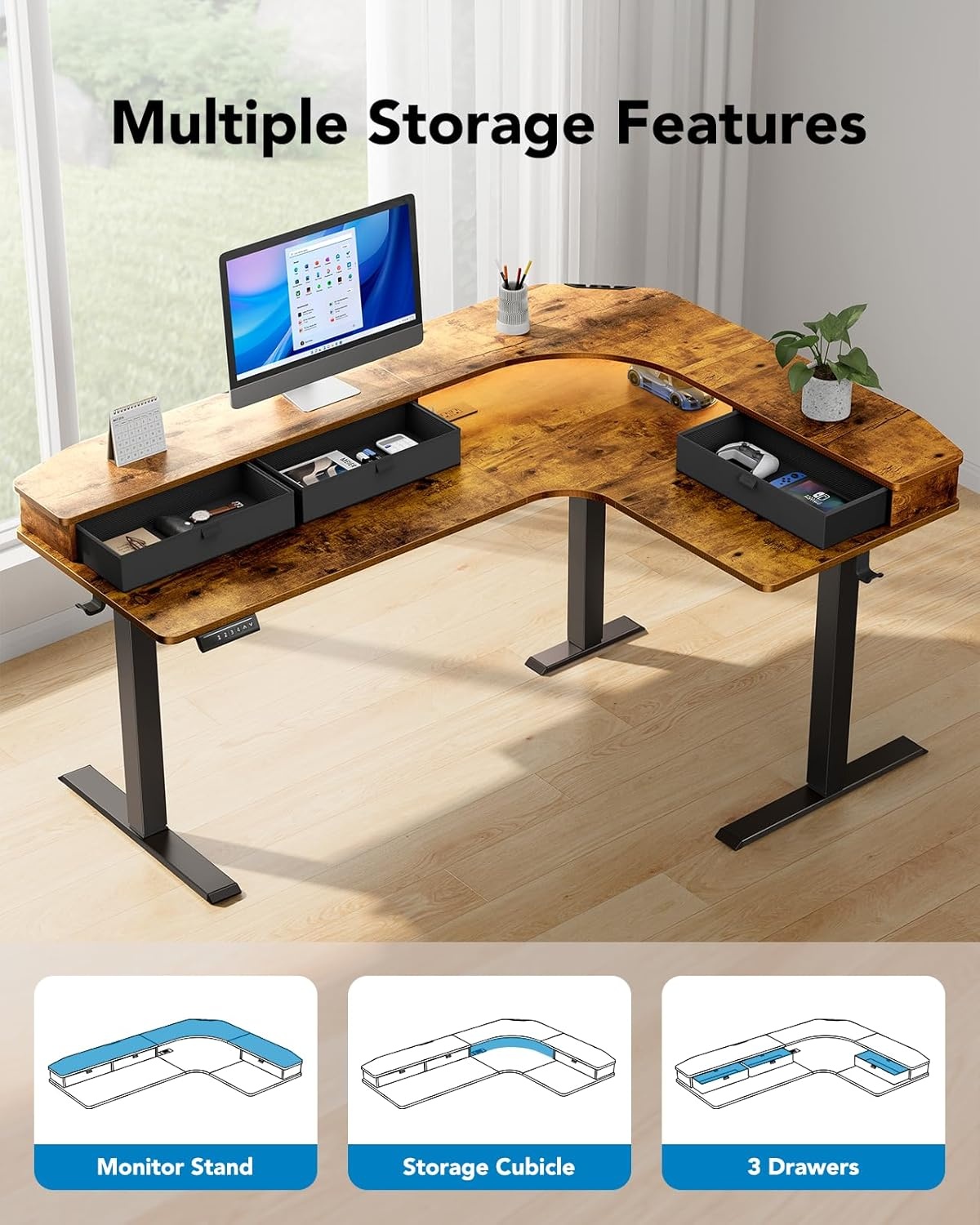 image:imageHUANUO 65 LShaped Standing Desk with Power Outlets amp LED Strip Electric Height Adjustable Corner Computer Desk Sit Stand Up Desk with 3 Drawers BlackVintage Brown