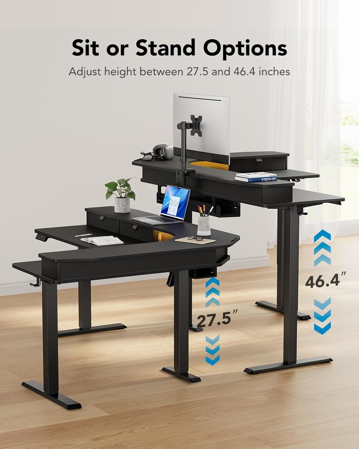 image:imageHUANUO 65 LShaped Standing Desk with Power Outlets amp LED Strip Electric Height Adjustable Corner Computer Desk Sit Stand Up Desk with 3 Drawers BlackBlack