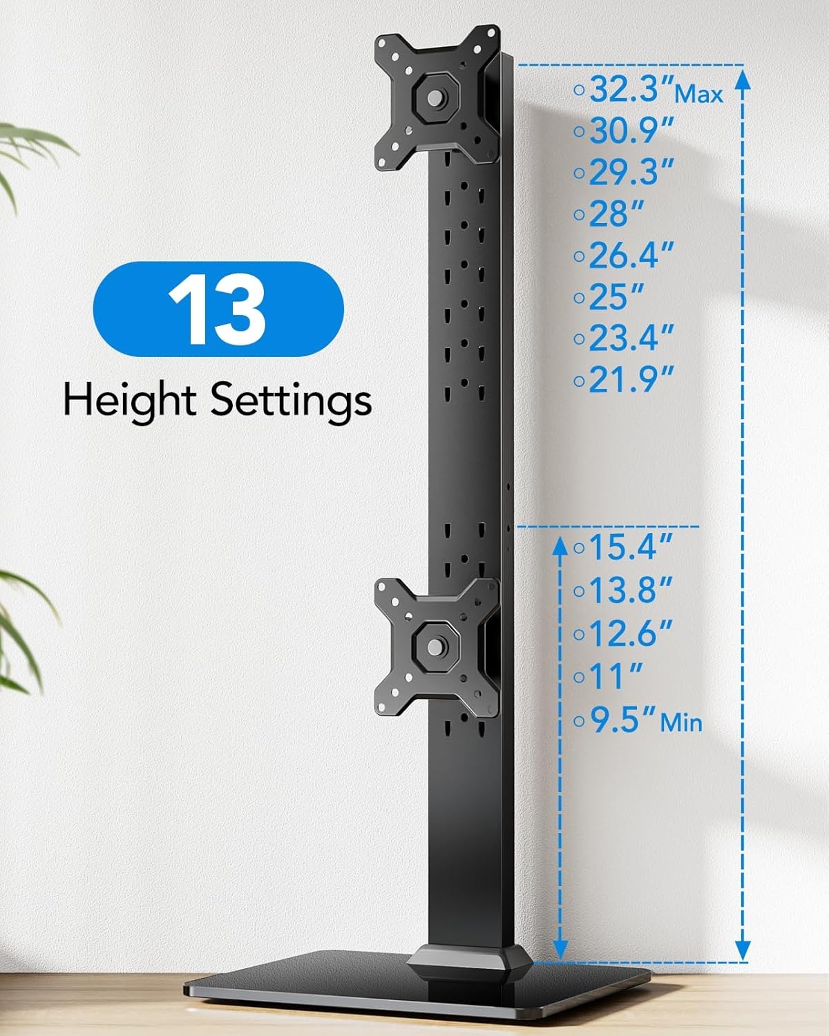 image:imageHUANUO Dual Monitor Stand for 13 to 34 Inch Max Load 44 lbs Vertical Monitor Mount Freestanding Monitor Riser with Swivel Tilt Rotation 13 Height Settings Max VESA 100x100