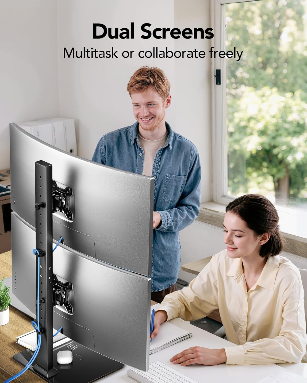 image:imageHUANUO Dual Monitor Stand for 13 to 34 Inch Max Load 44 lbs Vertical Monitor Mount Freestanding Monitor Riser with Swivel Tilt Rotation 13 Height Settings Max VESA 100x100
