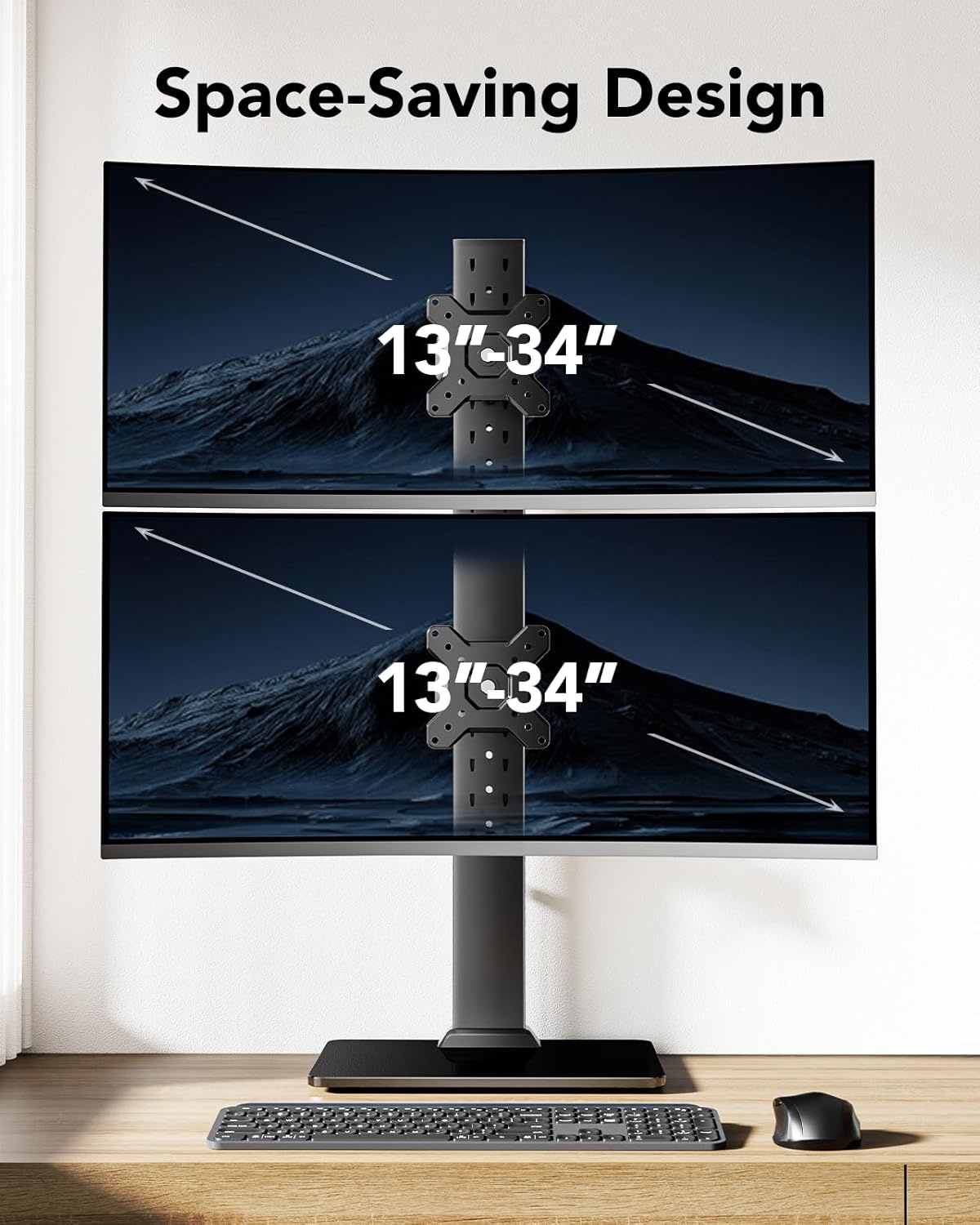 image:imageHUANUO Dual Monitor Stand for 13 to 34 Inch Max Load 44 lbs Vertical Monitor Mount Freestanding Monitor Riser with Swivel Tilt Rotation 13 Height Settings Max VESA 100x100