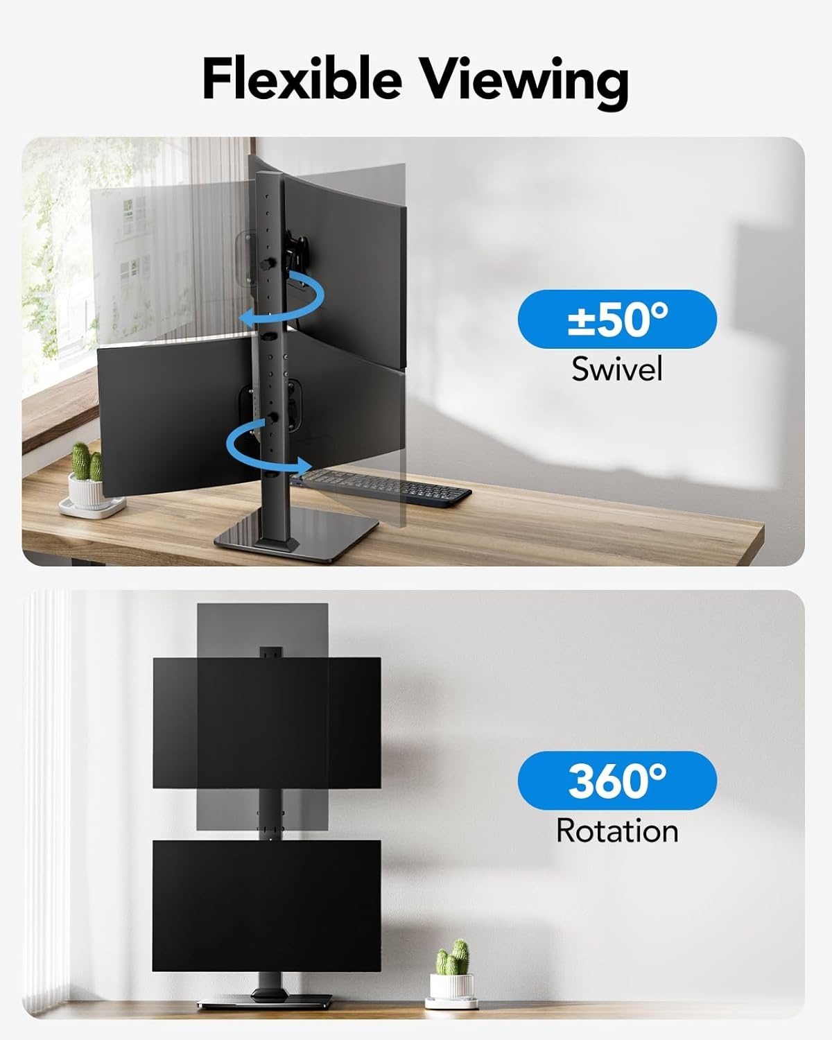 image:imageHUANUO Dual Monitor Stand for 13 to 34 Inch Max Load 44 lbs Vertical Monitor Mount Freestanding Monitor Riser with Swivel Tilt Rotation 13 Height Settings Max VESA 100x100