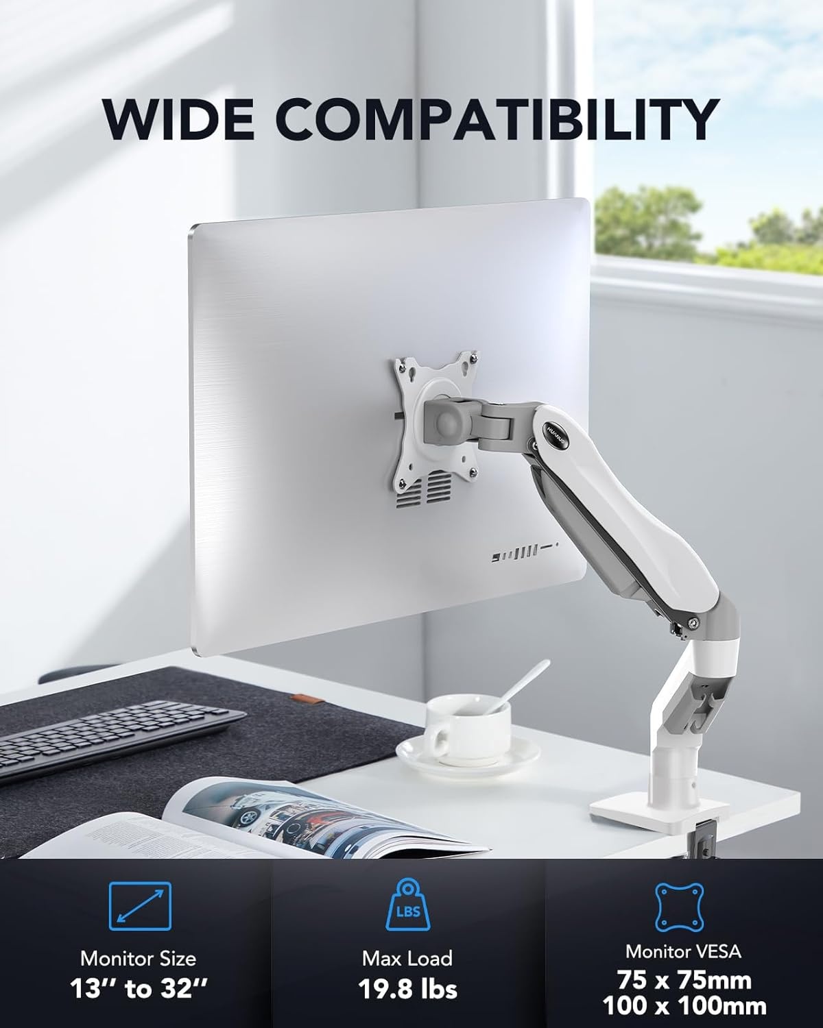 image:imageHUANUO FlowLift Single Monitor Mount 13 to 32 Inch Monitor Arm Adjustable Monitor Stand Vesa Mount with Clamp and Grommet Base Fits 44 to 198lbs LCD Computer MonitorsWhite