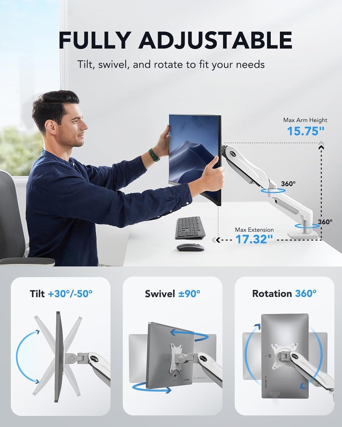 image:imageHUANUO FlowLift Single Monitor Mount 13 to 32 Inch Monitor Arm Adjustable Monitor Stand Vesa Mount with Clamp and Grommet Base Fits 44 to 198lbs LCD Computer MonitorsWhite