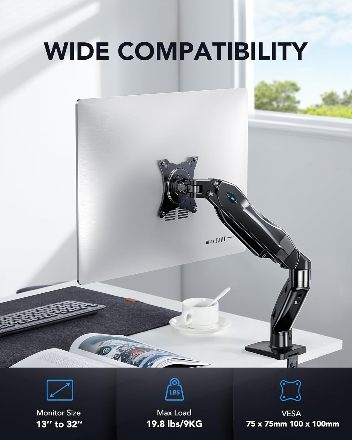 image:imageHUANUO FlowLift Single Monitor Mount 13 to 32 Inch Monitor Arm Adjustable Monitor Stand Vesa Mount with Clamp and Grommet Base Fits 44 to 198lbs LCD Computer MonitorsBlack