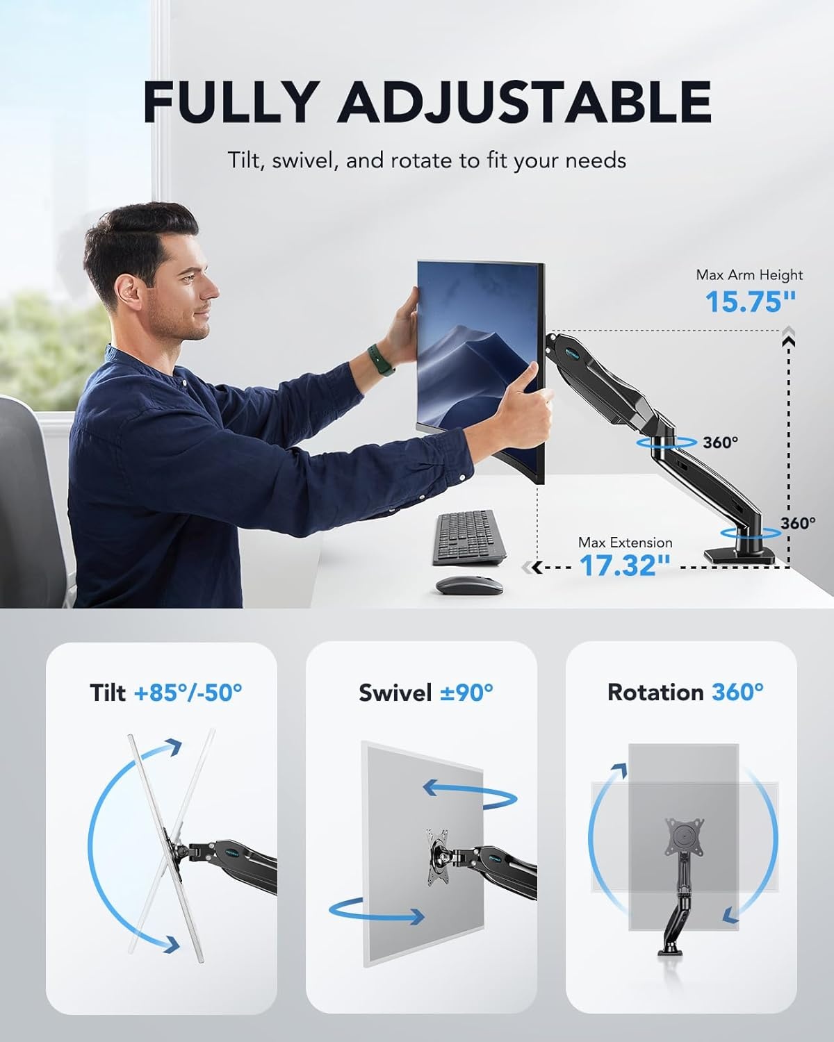 image:imageHUANUO FlowLift Single Monitor Mount 13 to 32 Inch Monitor Arm Adjustable Monitor Stand Vesa Mount with Clamp and Grommet Base Fits 44 to 198lbs LCD Computer MonitorsBlack