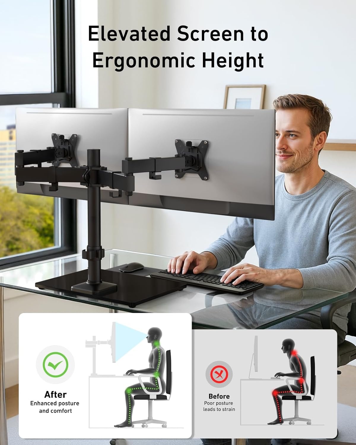 image:imageHUANUO Freestanding Dual Monitor Stand 32 Inch Dual Monitor Mount for 2 Screens Holds up to 198 lbs per Arm Gaming Monitor Arm Riser with TemperedGlass Base Tilt Swivel Rotation Black