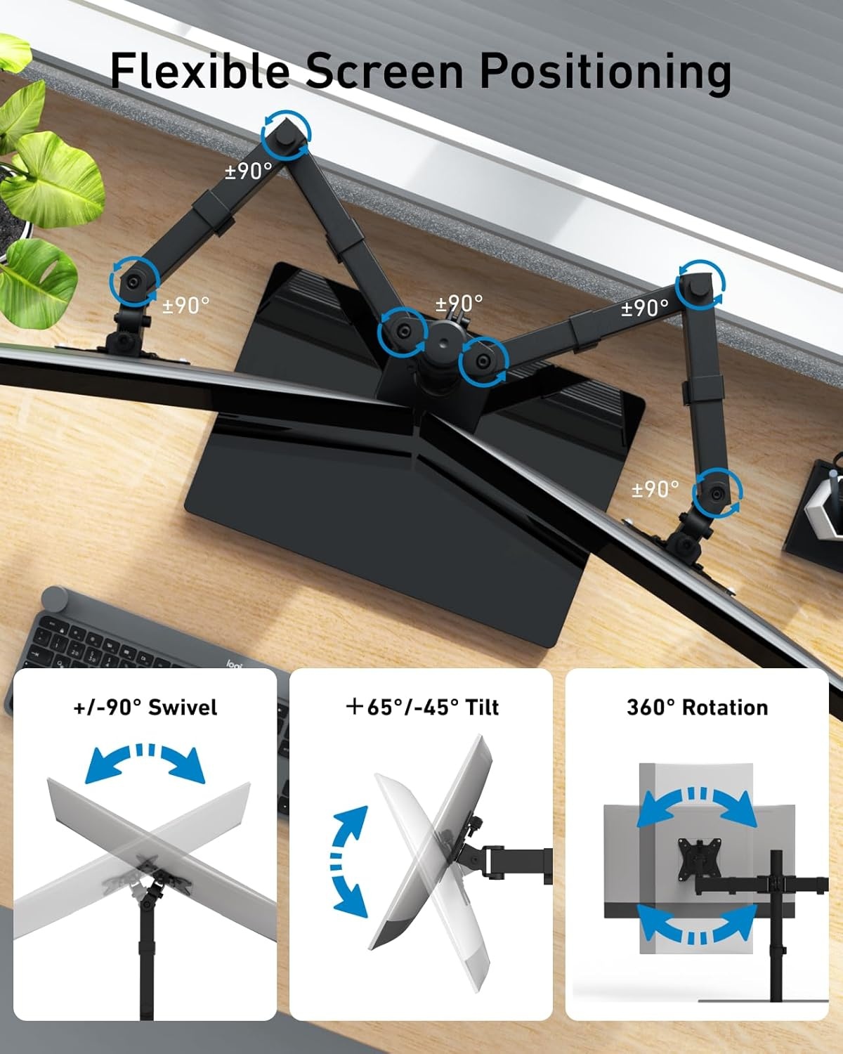 image:imageHUANUO Freestanding Dual Monitor Stand 32 Inch Dual Monitor Mount for 2 Screens Holds up to 198 lbs per Arm Gaming Monitor Arm Riser with TemperedGlass Base Tilt Swivel Rotation Black