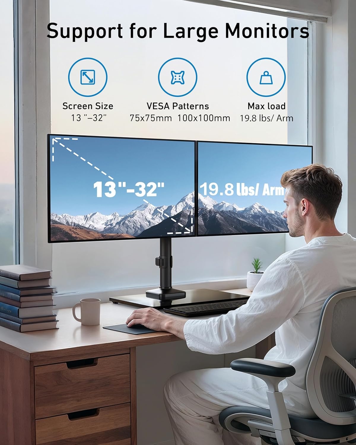 image:imageHUANUO Freestanding Dual Monitor Stand 32 Inch Dual Monitor Mount for 2 Screens Holds up to 198 lbs per Arm Gaming Monitor Arm Riser with TemperedGlass Base Tilt Swivel Rotation Black