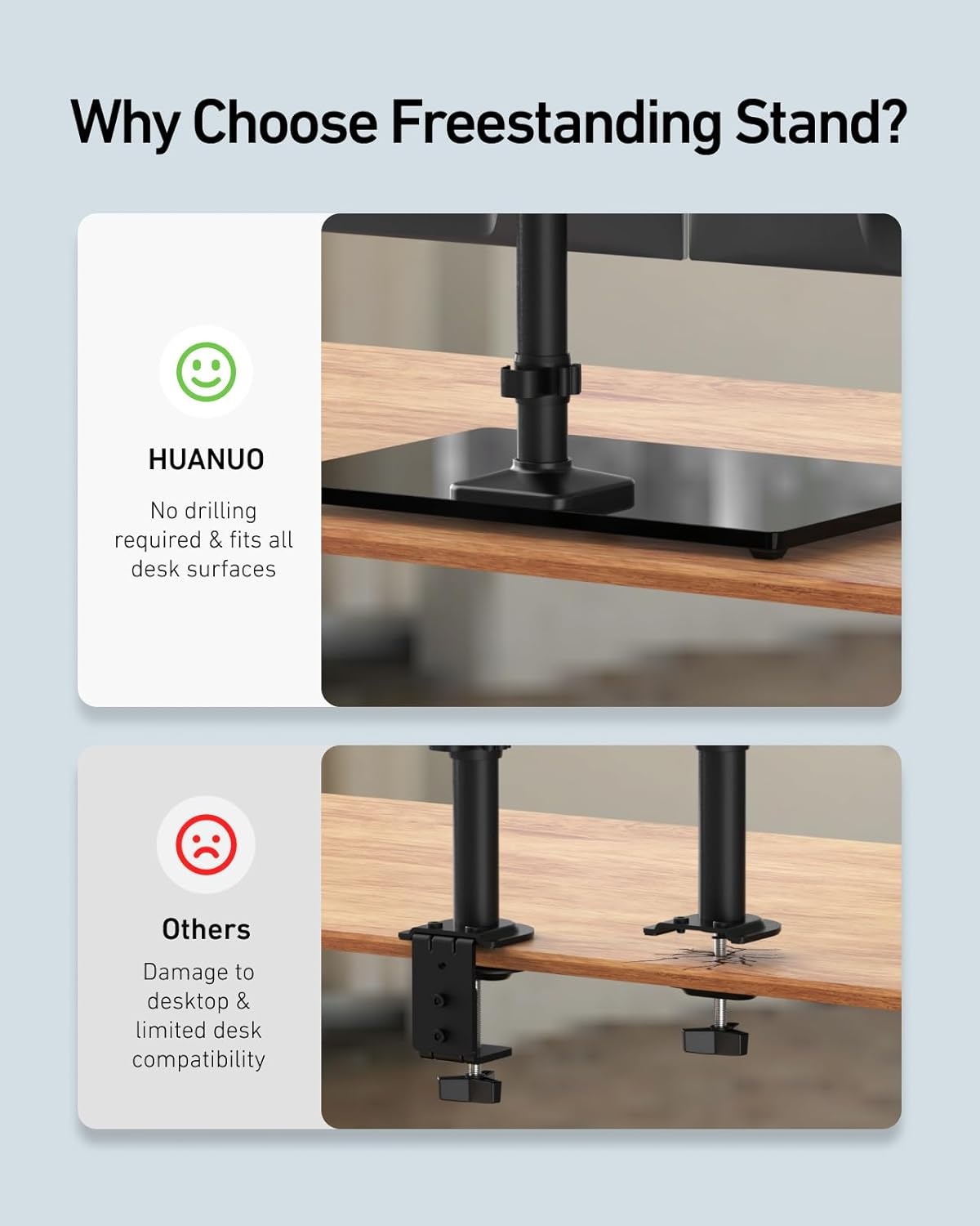 image:imageHUANUO Freestanding Dual Monitor Stand 32 Inch Dual Monitor Mount for 2 Screens Holds up to 198 lbs per Arm Gaming Monitor Arm Riser with TemperedGlass Base Tilt Swivel Rotation Black