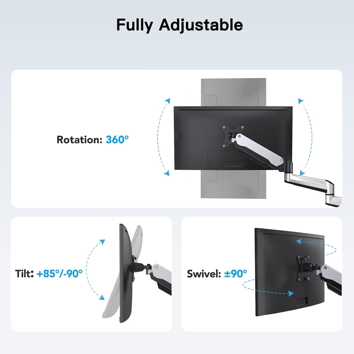 image:imageHUANUO Gaming Triple Monitor Stand Full Motion Articulating Triple Monitor Mount Fit 17 to 32 inch FlatCurved LCD Computer Screens with Clamp Grommet Kit SilverSilver