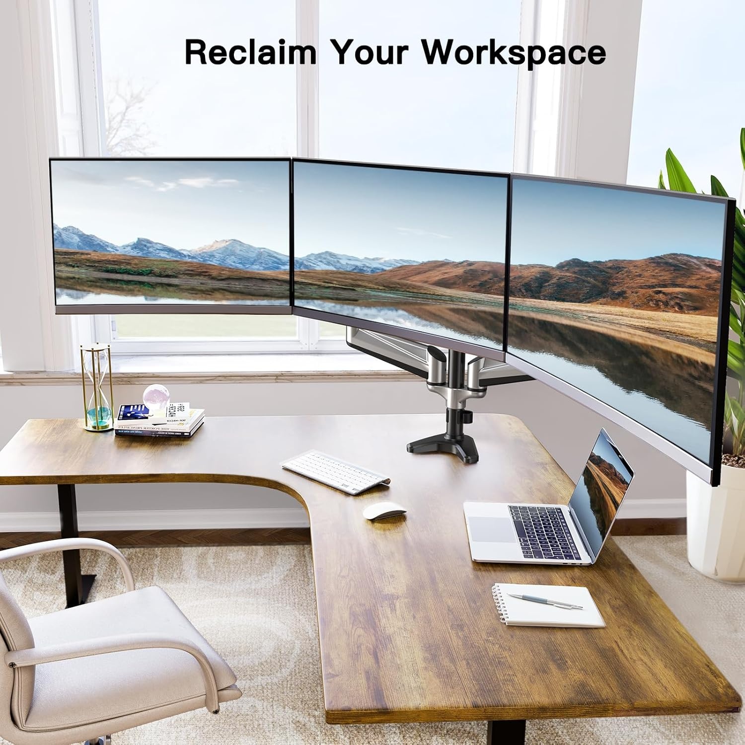 image:imageHUANUO Gaming Triple Monitor Stand Full Motion Articulating Triple Monitor Mount Fit 17 to 32 inch FlatCurved LCD Computer Screens with Clamp Grommet Kit SilverSilver
