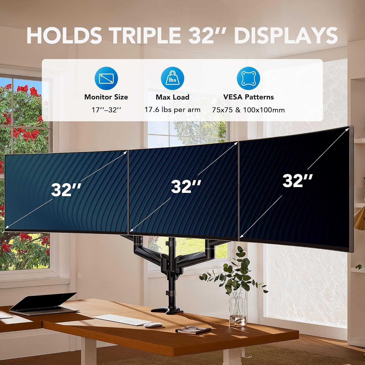 image:imageHUANUO Gaming Triple Monitor Stand Full Motion Articulating Triple Monitor Mount Fit 17 to 32 inch FlatCurved LCD Computer Screens with Clamp Grommet Kit SilverBlack