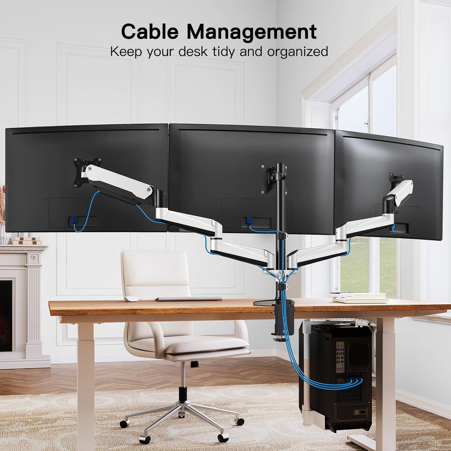 image:imageHUANUO Gaming Triple Monitor Stand Full Motion Articulating Triple Monitor Mount Fit 17 to 32 inch FlatCurved LCD Computer Screens with Clamp Grommet Kit SilverWhite