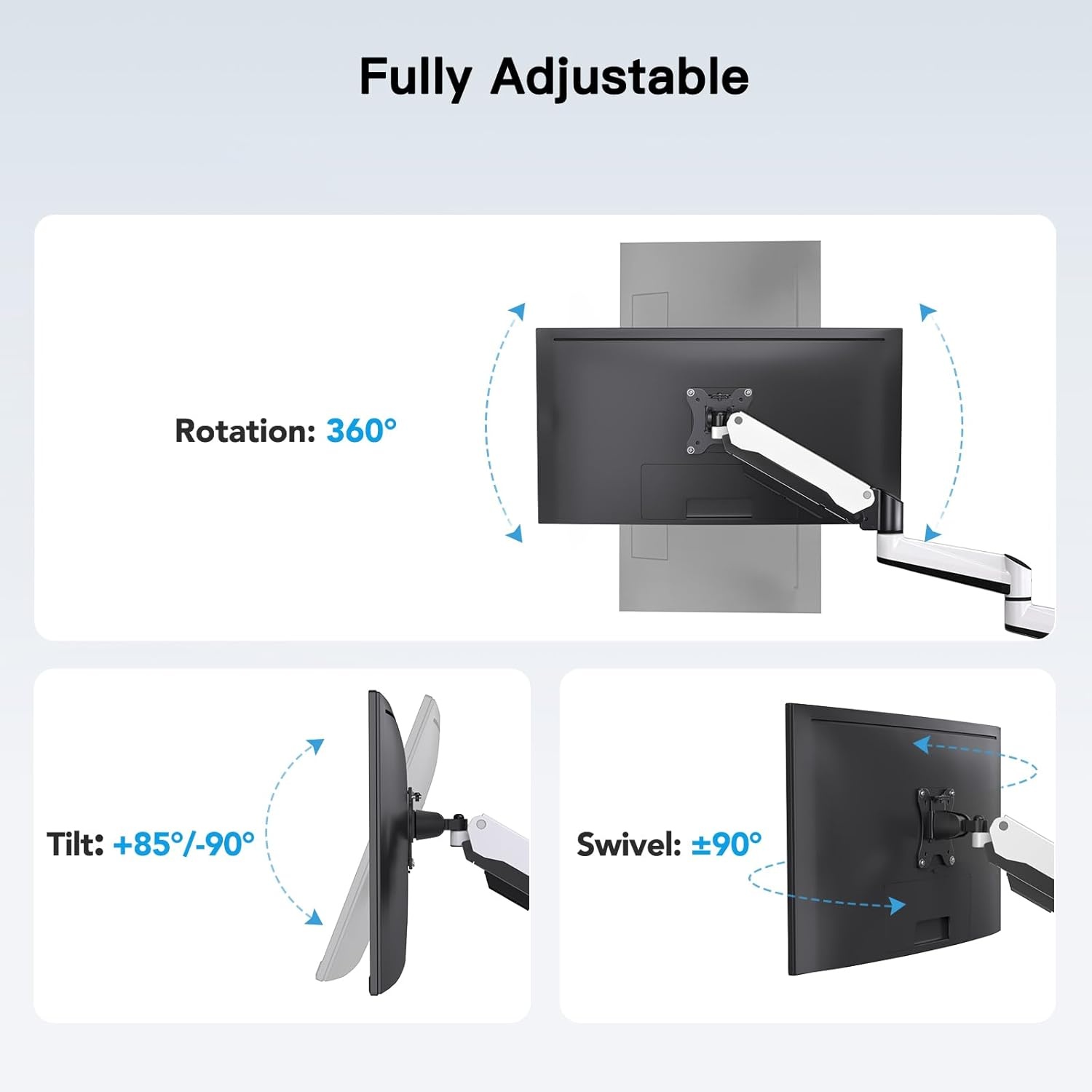 image:imageHUANUO Gaming Triple Monitor Stand Full Motion Articulating Triple Monitor Mount Fit 17 to 32 inch FlatCurved LCD Computer Screens with Clamp Grommet Kit SilverWhite