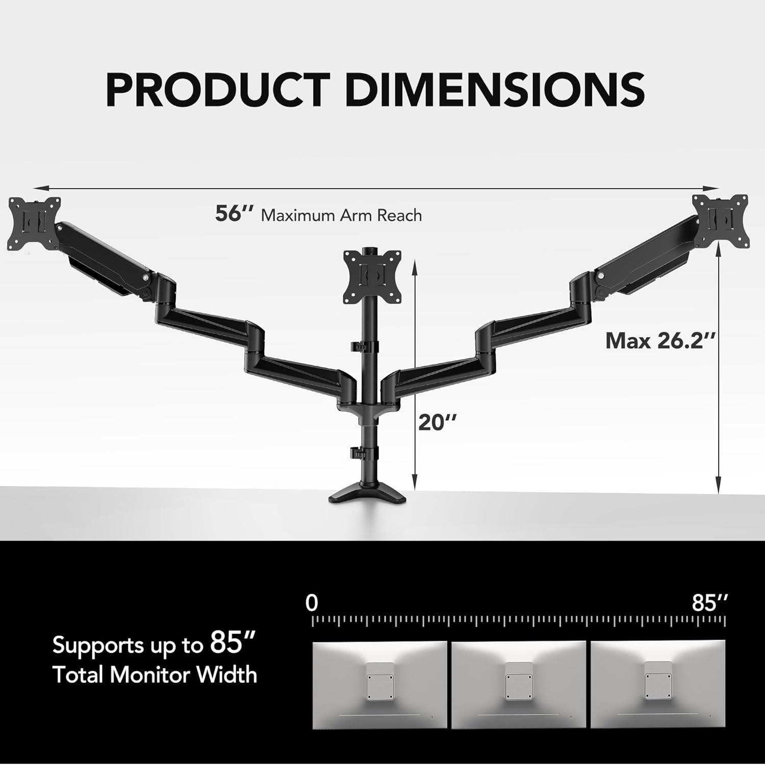 image:imageHUANUO Gaming Triple Monitor Stand Full Motion Articulating Triple Monitor Mount Fit 17 to 32 inch FlatCurved LCD Computer Screens with Clamp Grommet Kit SilverBlack