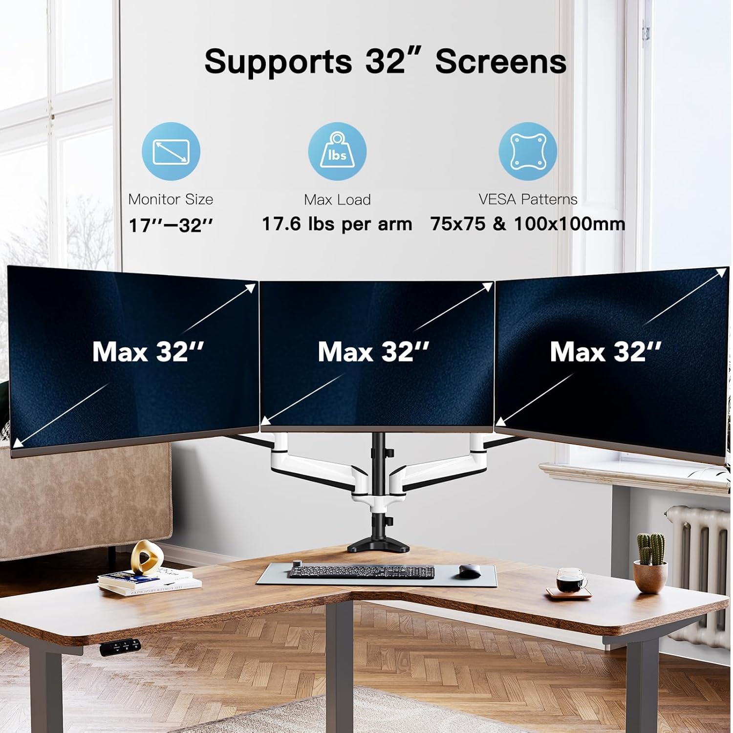 image:imageHUANUO Gaming Triple Monitor Stand Full Motion Articulating Triple Monitor Mount Fit 17 to 32 inch FlatCurved LCD Computer Screens with Clamp Grommet Kit SilverWhite
