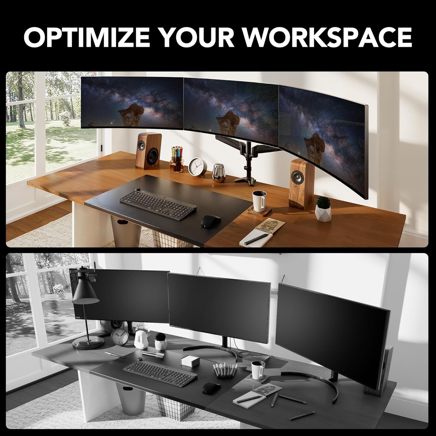 image:imageHUANUO Gaming Triple Monitor Stand Full Motion Articulating Triple Monitor Mount Fit 17 to 32 inch FlatCurved LCD Computer Screens with Clamp Grommet Kit SilverBlack